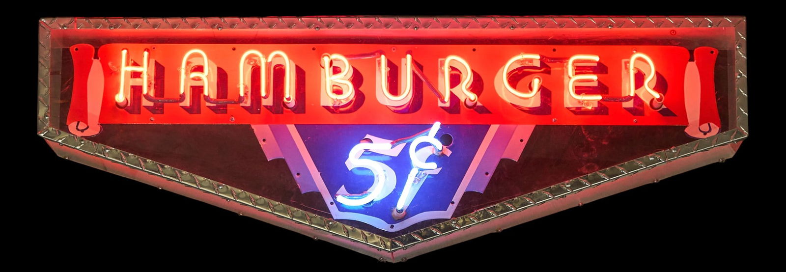 Hamburger Neon Sign: Large 5 cent hamburger neon sign in custom made metal and acrylic case, in working conditionheight 16.5 in. x width 50.5 in. x depth 8 in.Provenance: Property from a home in San Antonio, Texas