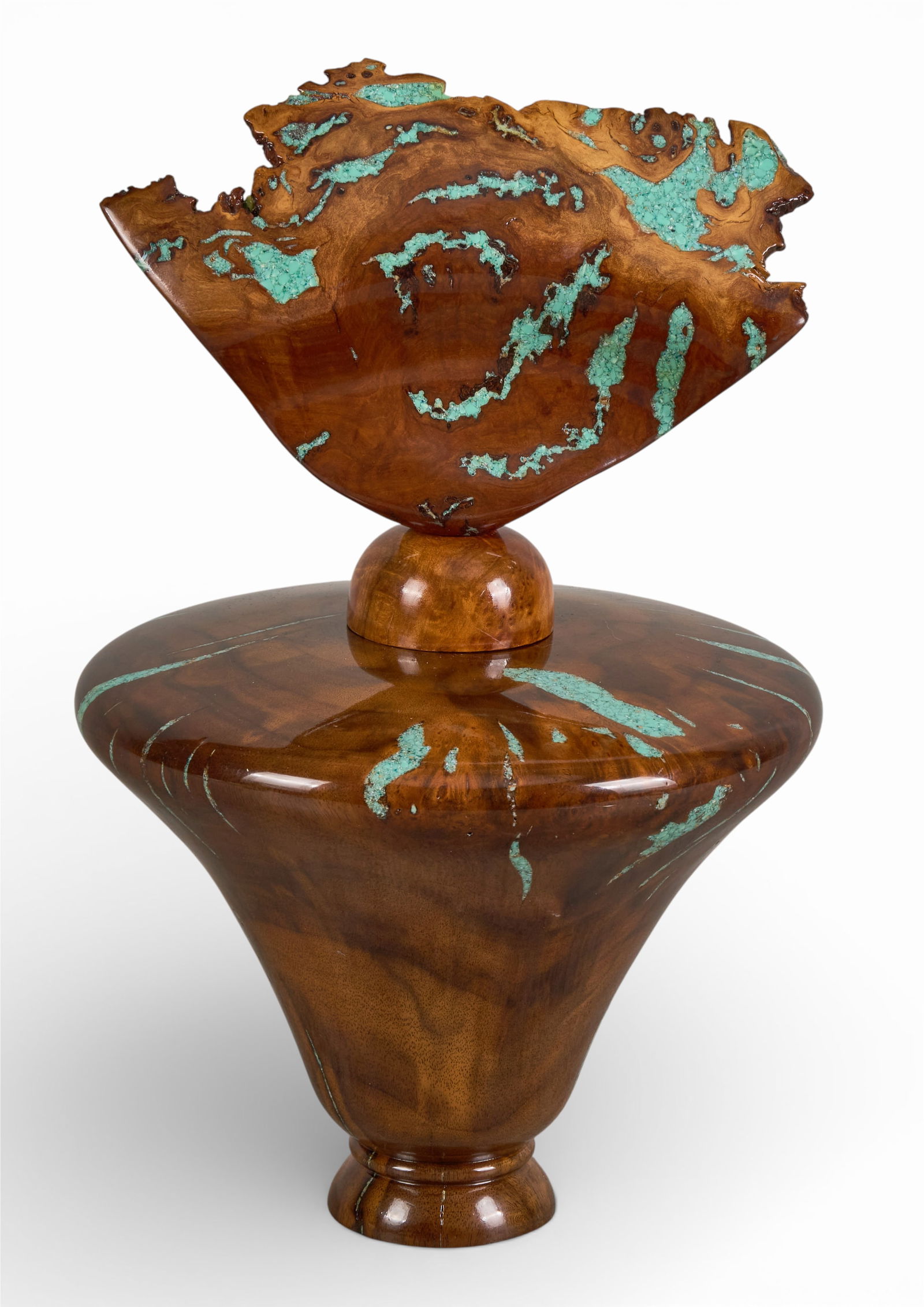 Brian Sykes, Walnut and Turquoise Vessel: Brian Sykes (Amer., 20th-21st C.), walnut and turquoise vessel sculpture, signed and inscribed on the underside, "Claro Walnut Burl", with turned fitted stopperheight 14.5 in. x 9 in.