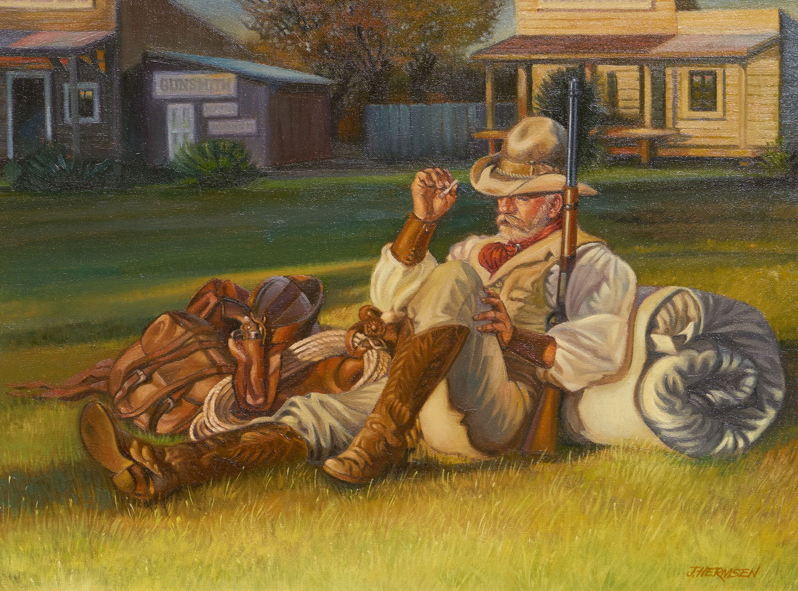 Jack Hermsen, "End of Day": Jack Hermsen (Amer., 20th-21st C.), "End of Day", oil on canvas, signed lower rightsight: 18 x 24 in., frame: 30 x 36 in.Provenance: Property from a Dallas, Texas