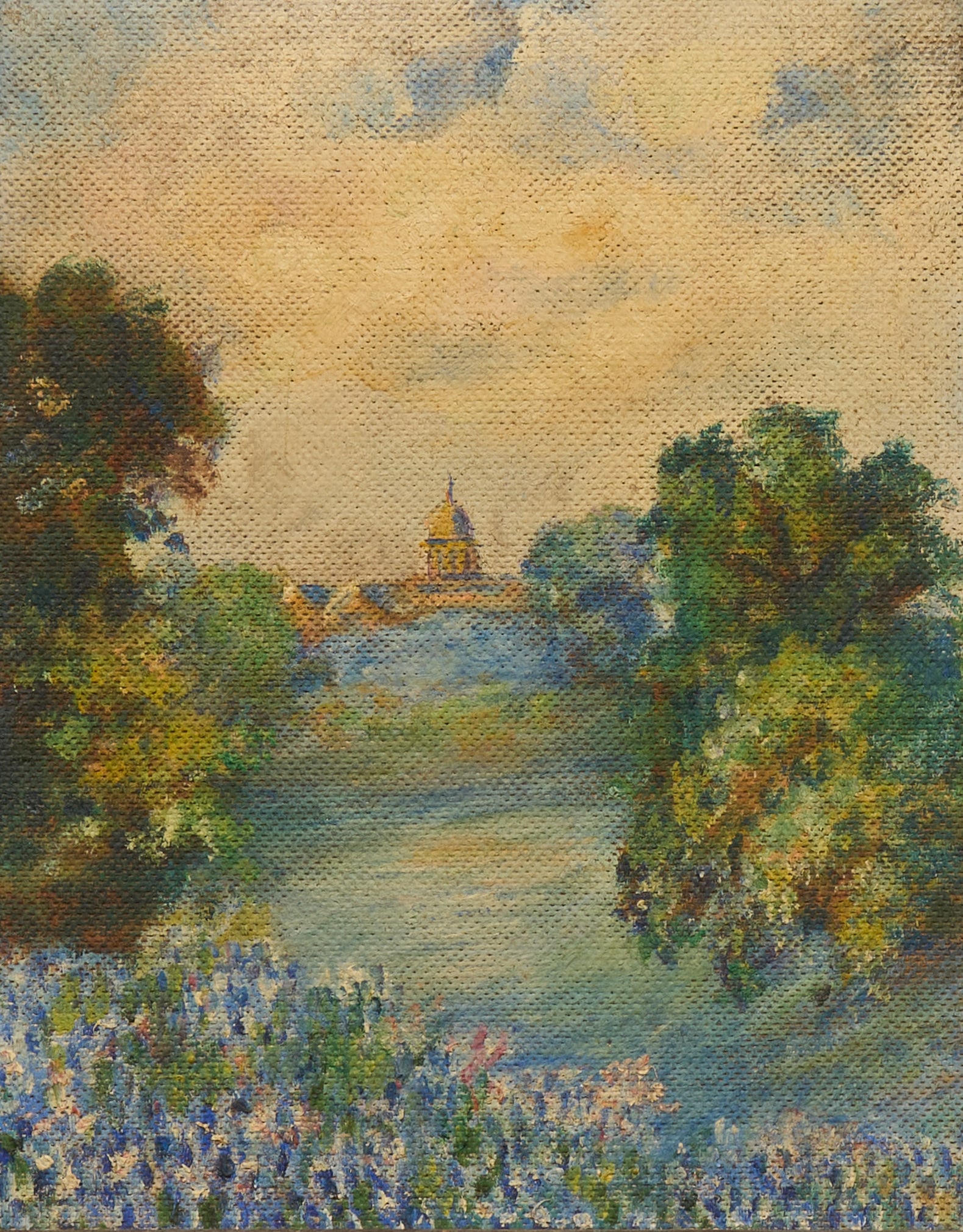 Vintage Painting of Bluebonnets and the Capitol: Vintage painting of bluebonnets and the Texas Capitol, oil on artist panel, appears not signedsight: 10 x 8 in., frame: 12 x 10 x 5 in.Provenance: Property from a Bandera, Texas art and antiques