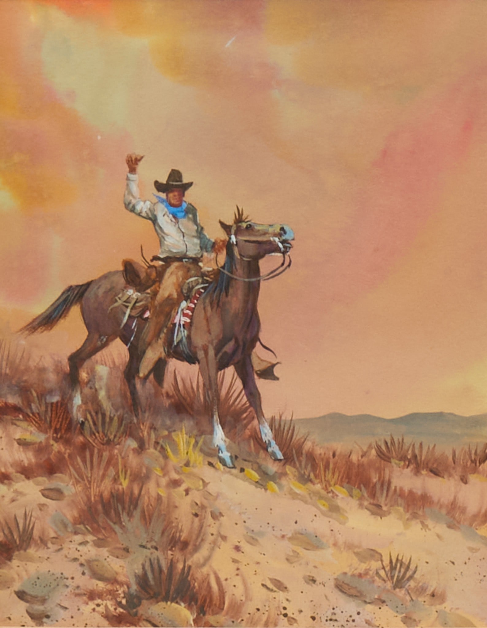 Austin Deuel, Cowboy in Sunset: Attributed to Austin Deuel (Arizona, b. 1939), cowboy on horseback in sunset, watercolor on paper or illustration board, appears not signed, has not been examined outside of frame sight: 10 x 8 in., f