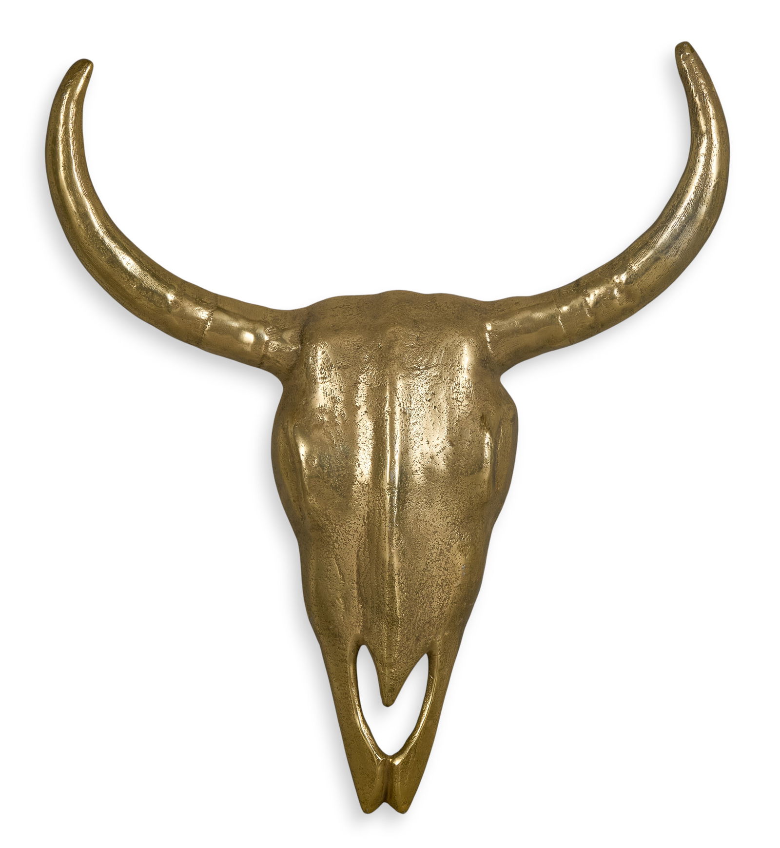 Brass Longhorn Skull Wall Hanging: Brass longhorn skull wall hanging, with gold paint finish height 19 in. x depth 17 in. x depth 3 in. Provenance: Property from a home in San Antonio, Texas