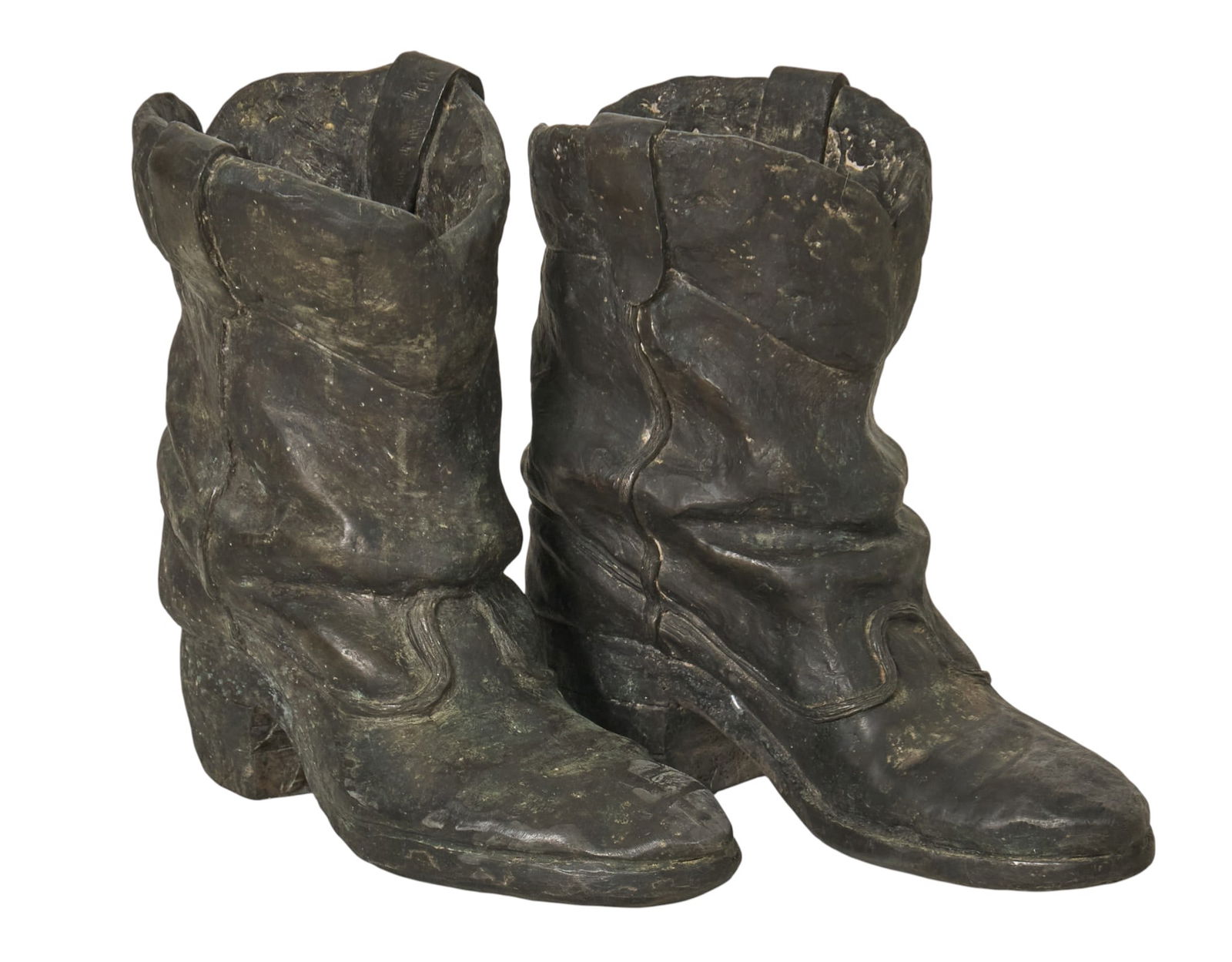 Ron Alan, Solid Pewter Boots: Ron Alan (Amer., 20th-21st C.), solid cast pewter cowboy boot sculptures, signed along the inner edge of each boot height 10 in. x width 13 in. x depth 5 in. / each Provenance: Property from a Bandera