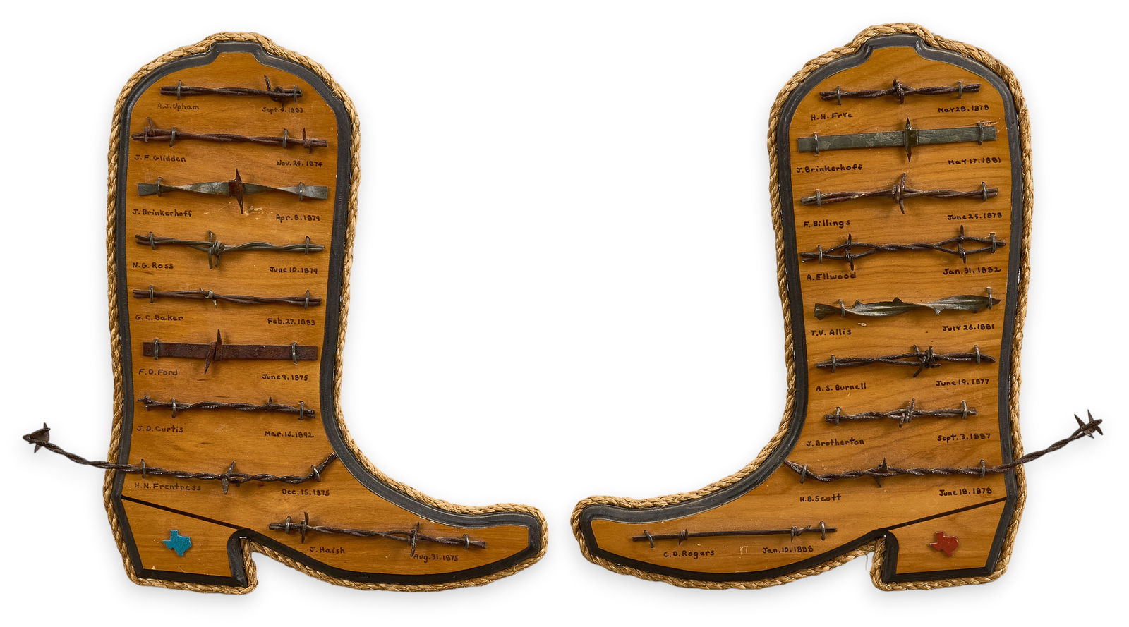 Pair of Barbed Wire Displays: Pair of barbed wire displays mounted to wooden boards in the shape of cowboy boots, with various patterns, and labels height 15 in. x width 14 in. x depth 1 in. / each Provenance: Property