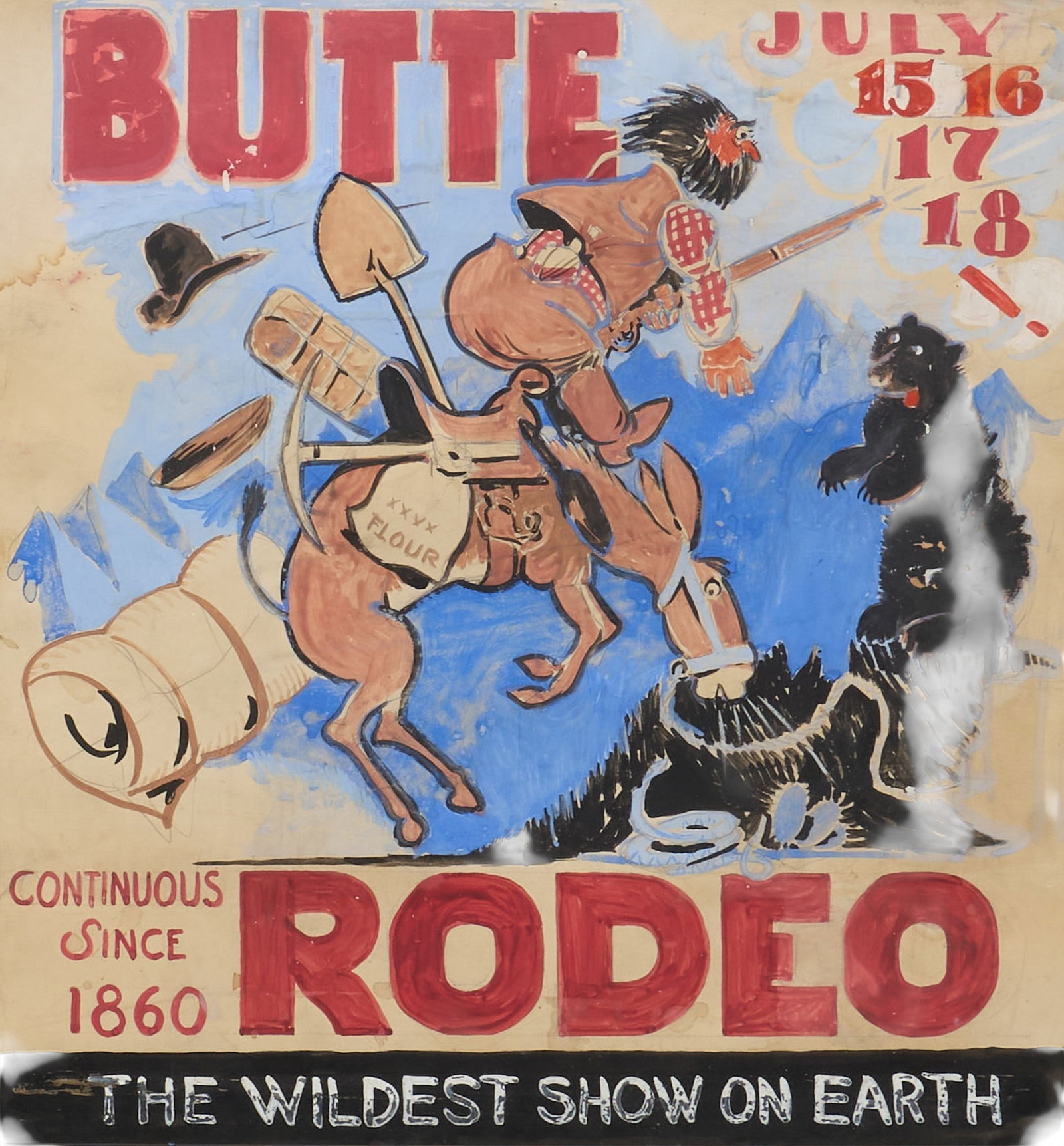 Butte Rodeo Poster Painting: Butte Rodeo poster original painting, gouache or acrylic on boardimage: 22 x 15 in.Provenance: Property from a Tucson, Arizona art and antiques collector