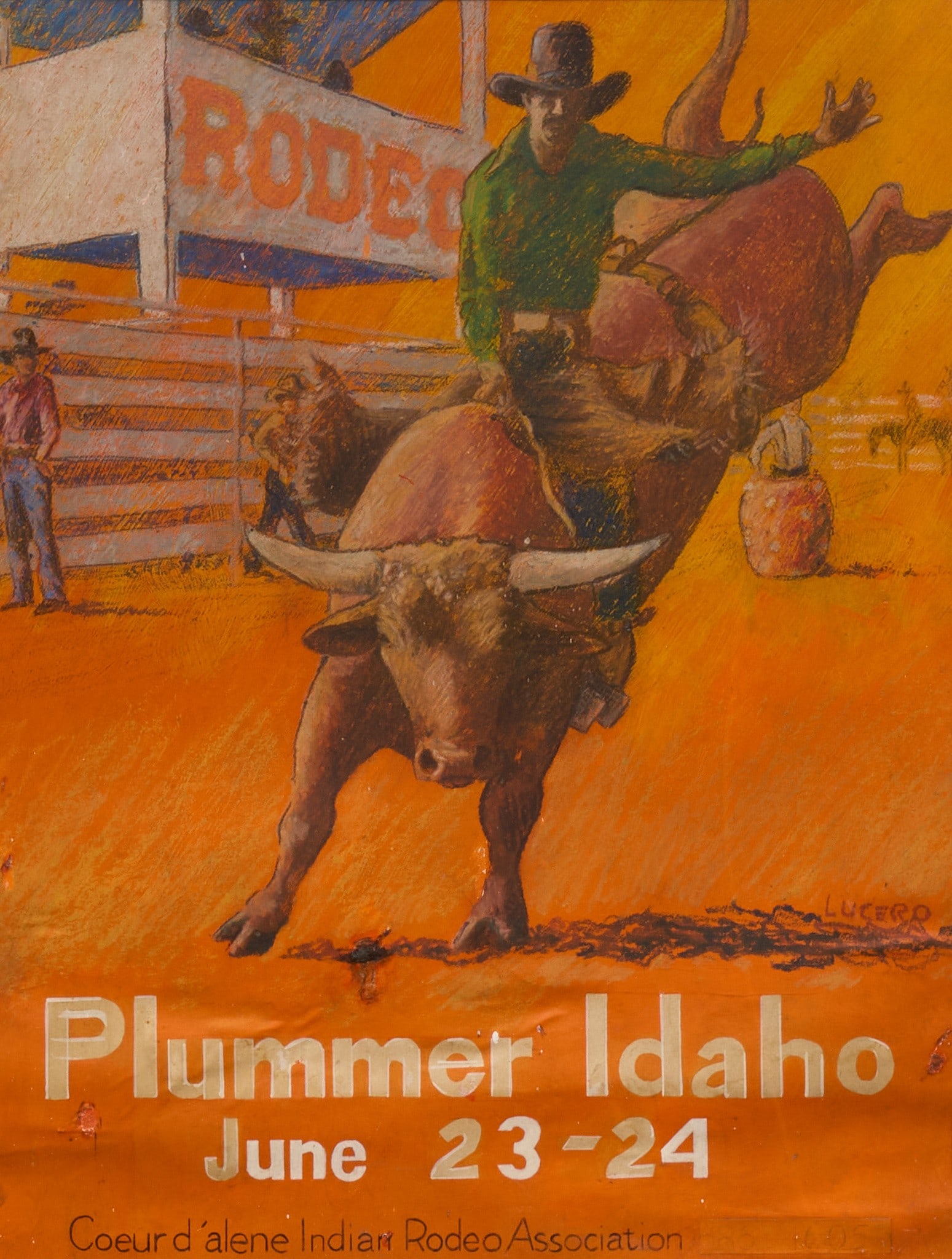 Coeur d'Alene Indian Rodeo Painting: Ruth Lucero (Amer., 20th-21st C.), original painting design for a Plummer, Idaho Rodeo poster, (Coeur d'Alene Indian Rodeo Association), signed lower right, pastel on papersight: 24 x 18