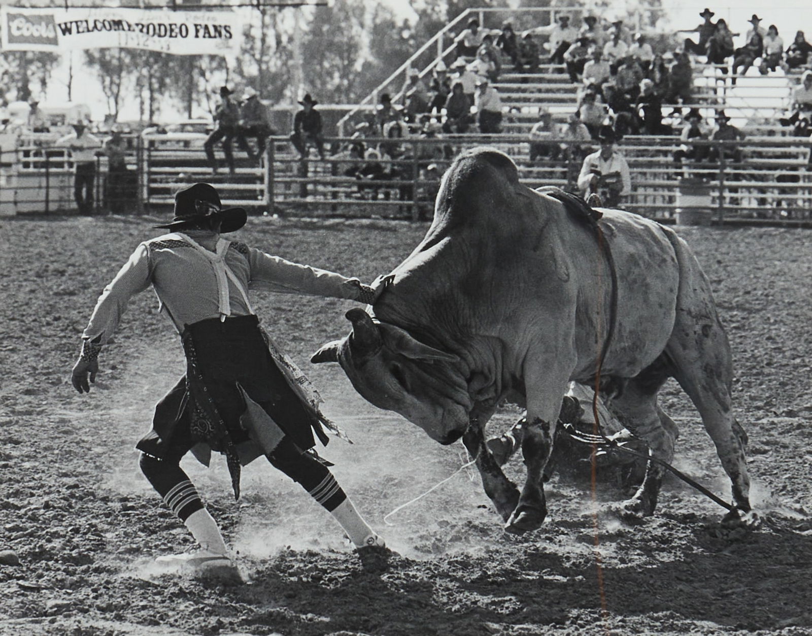 Louise Serpa, Rodeo Clown Photograph, 1983: Louise Larocque Serpa (New York / Arizona, 1925-2012), "Jeff Kobza at Work, Yuma", titled, signed, and dated (1983) in pencil in the margin, photograph, silver gelatin printsight: