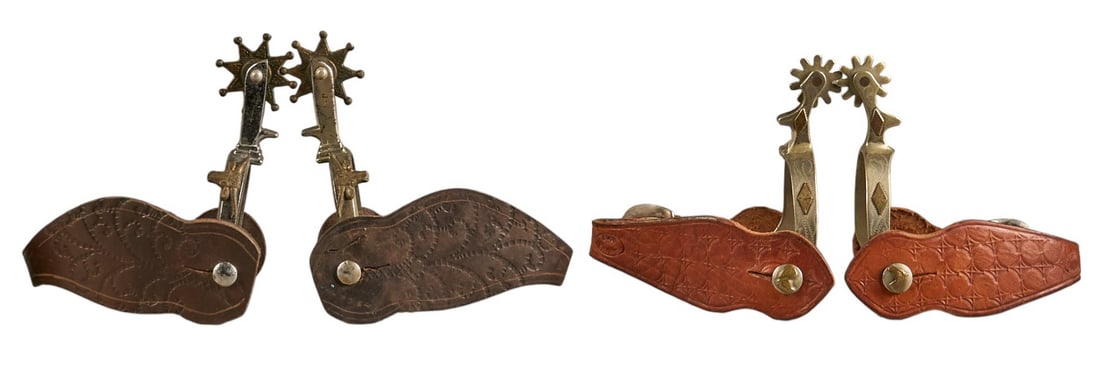 (2) Pairs of Cowboy Spurs: Two pairs of cowboy spurs with tooled leather straps, with one pair stamped "Shank Bros." with horsehead motifs on strap buttons, and the other with longhorn motifs on heel bandLength: 4.75