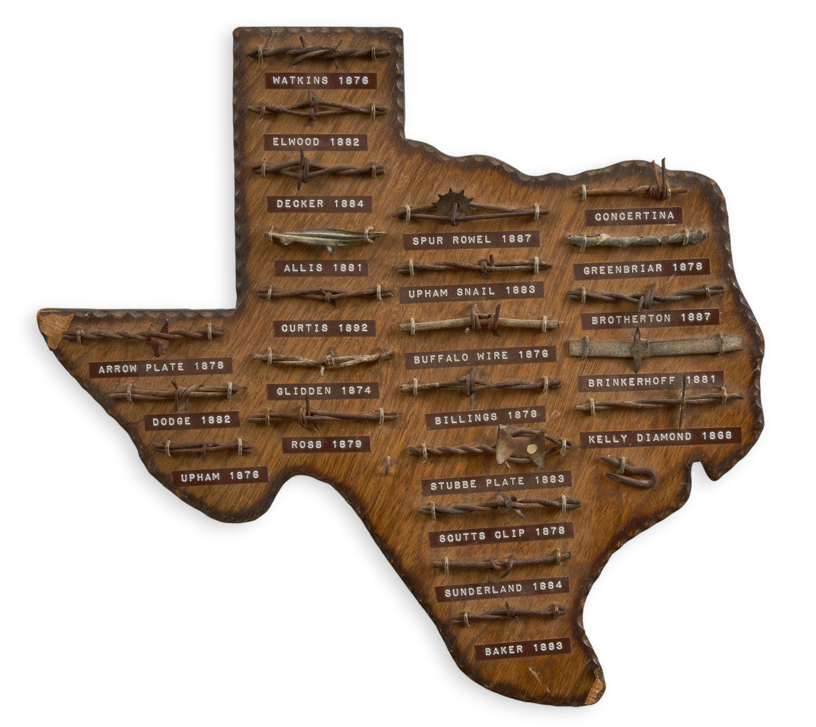 Texas Shaped Barbed Wire Display: Texas-shaped wooden display with various types of antique barbed wire, each labeled with its name and patent yearheight 16 in. x width 17 in. x depth 1 in.Provenance: Property from a home in