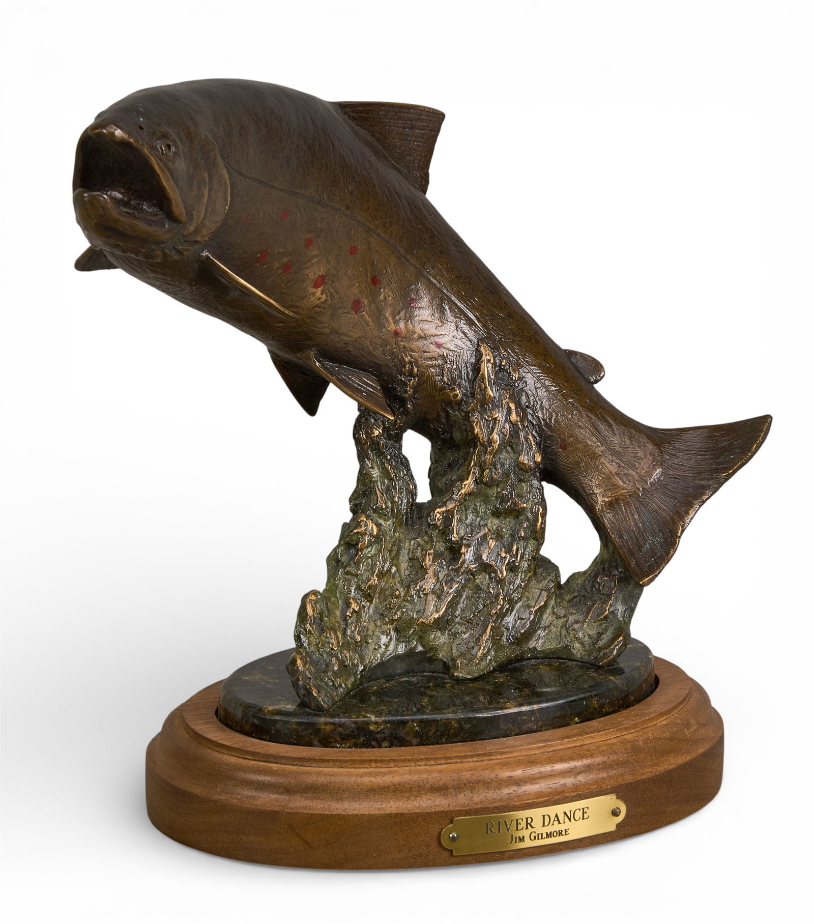 Jim Gilmore, "River Dance": Jim Gilmore (Colorado, b. 1950), "River Dance", artist-cast bronze sculpture on wooden base, incised signature and edition number, 11/40height 7.5 in. x width 8 in. x depth 3.5