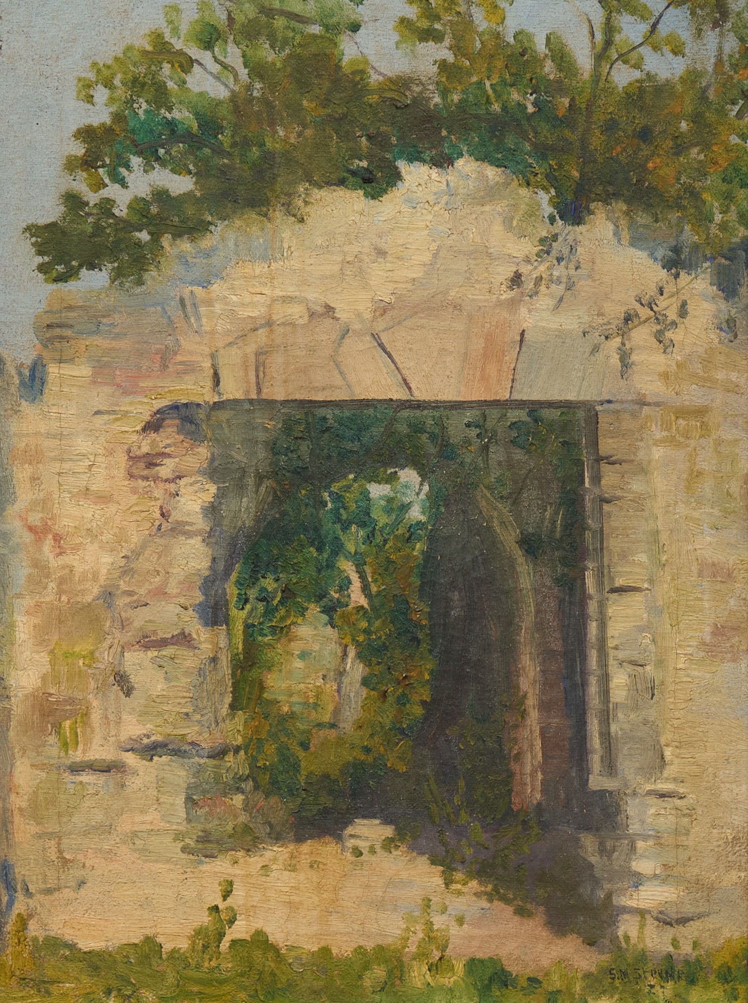 Stella Sterne, Ruined Archway: Stella M. Sterne (Texas, 19th-20th C., student of Jose Arpa), partial ruined doorway structure likely in San Antonio, oil on canvas, signed lower rightsight: 16 x 12 in., frame: 21 x