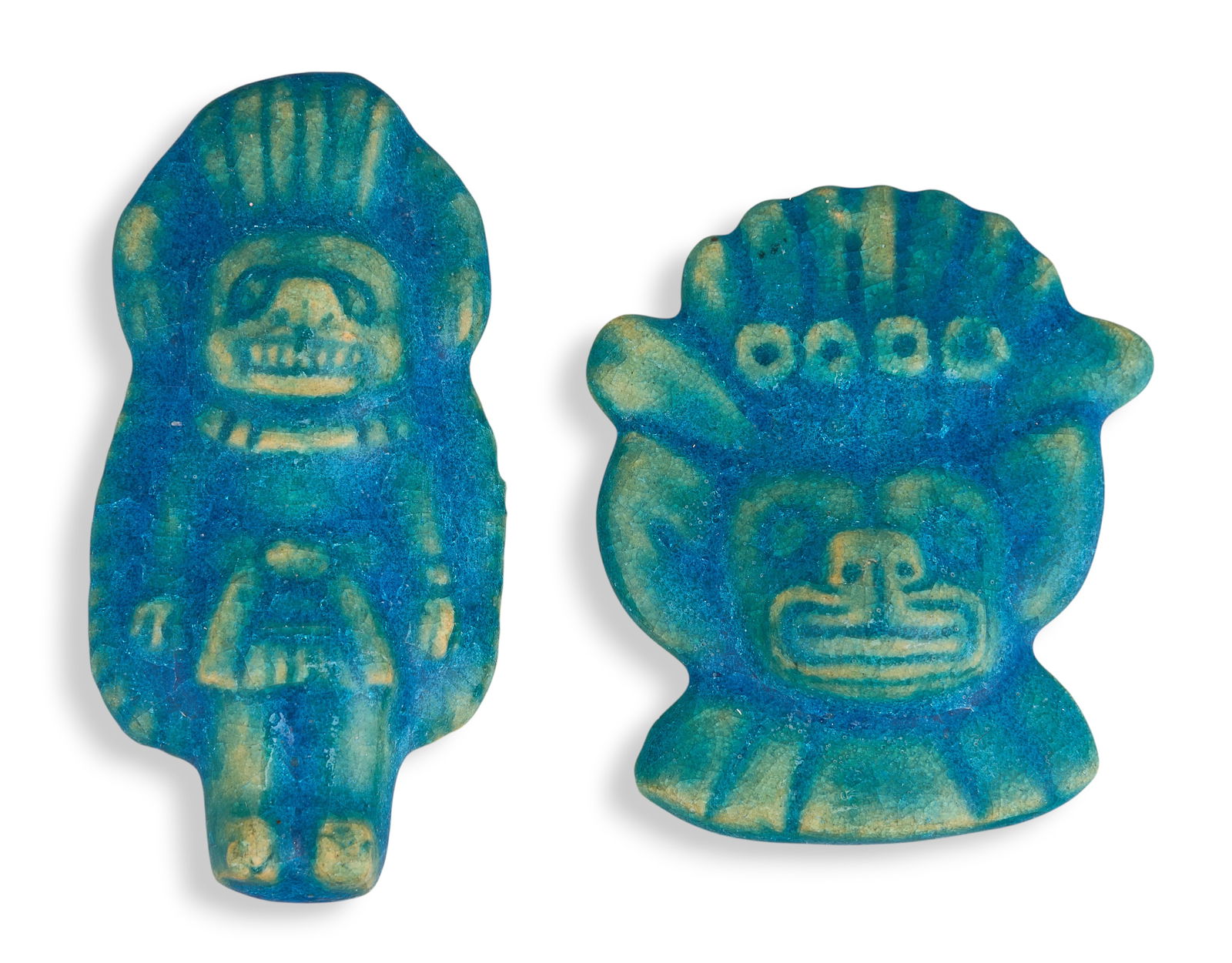 (2) Harding Black Aztec Inspired Sculptures: Harding Black (San Antonio, Texas, 1912-2004), two small Aztec-inspired motifs or fetishes, glazed ceramic, incised signature on the underside of eachsize: 2.5 x 2 in. size: 3 x 1.5