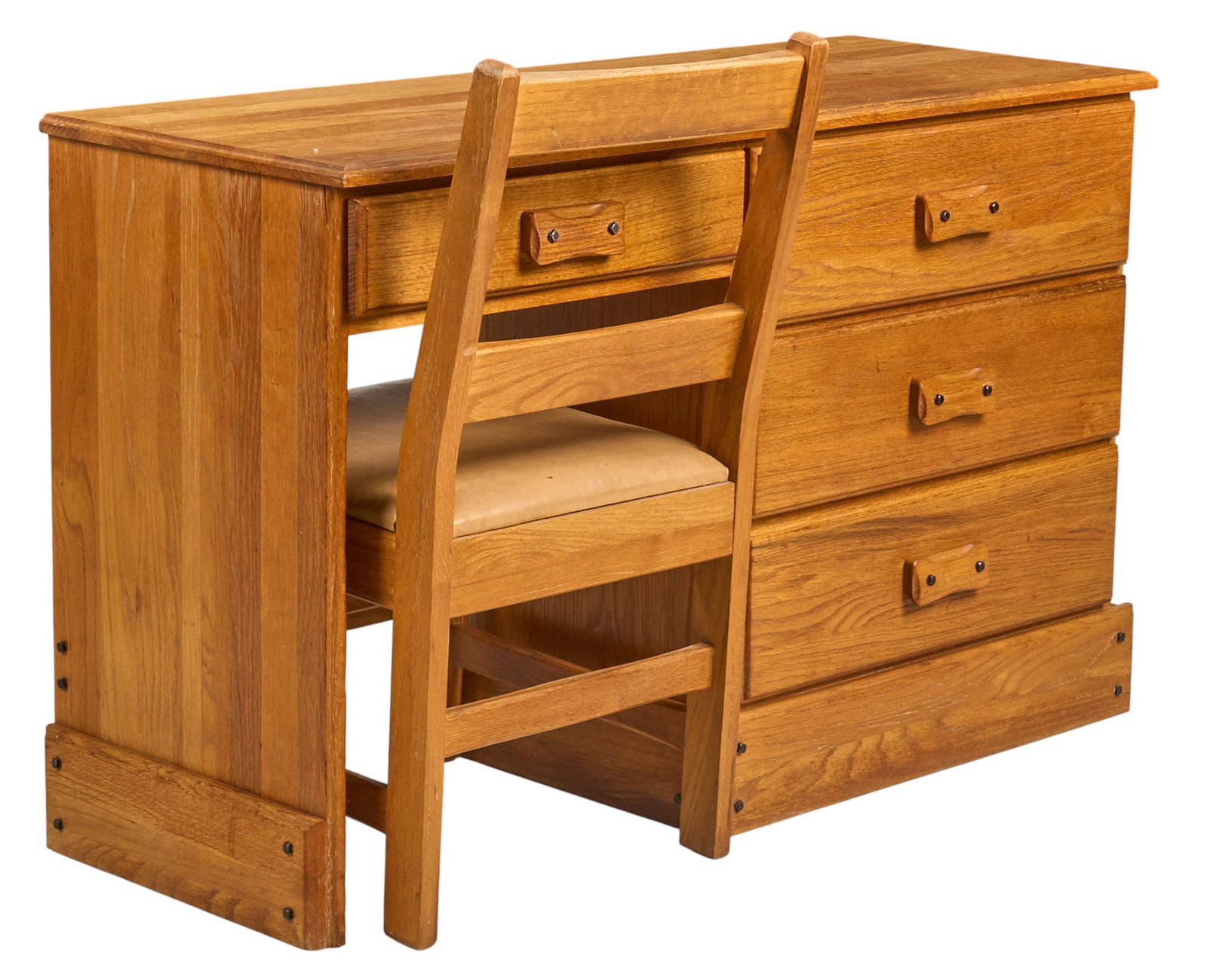 Desert Oak Desk and Chair: Desert Oak ranch style desk with four drawers, marked in top drawer, and matching chairheight 30 in. x width 48 in. x depth 19 in. / deskProvenance: Property from a home in San Antonio, Texas