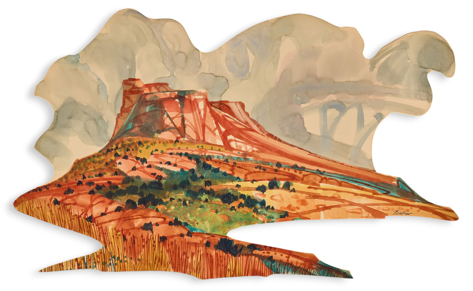 Bill Bristow, "Indian Temple" Study: William Arthur "Bill" Bristow (Texas, 1937-2022), "Indian Temple", watercolor on illustration board, signed lower rightheight 18.5 in. x width 30 in. x depth 1.75