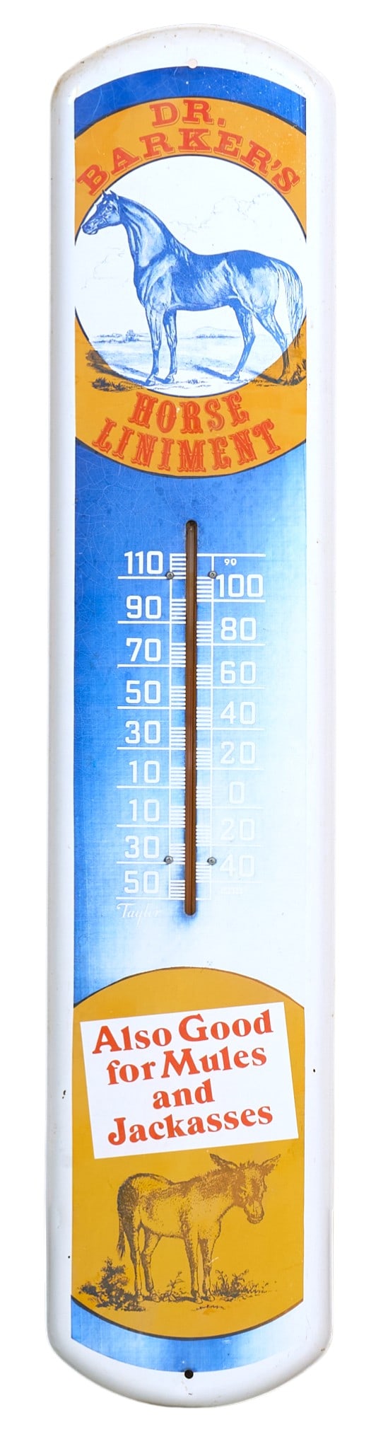Dr. Barker's Horse Liniment Thermometer: Vintage tin metal thermometer advertising sign for Dr. Barker's Horse Liniment, with slogan that reads "also good for mules and jackasses"height 39 in. x width 8