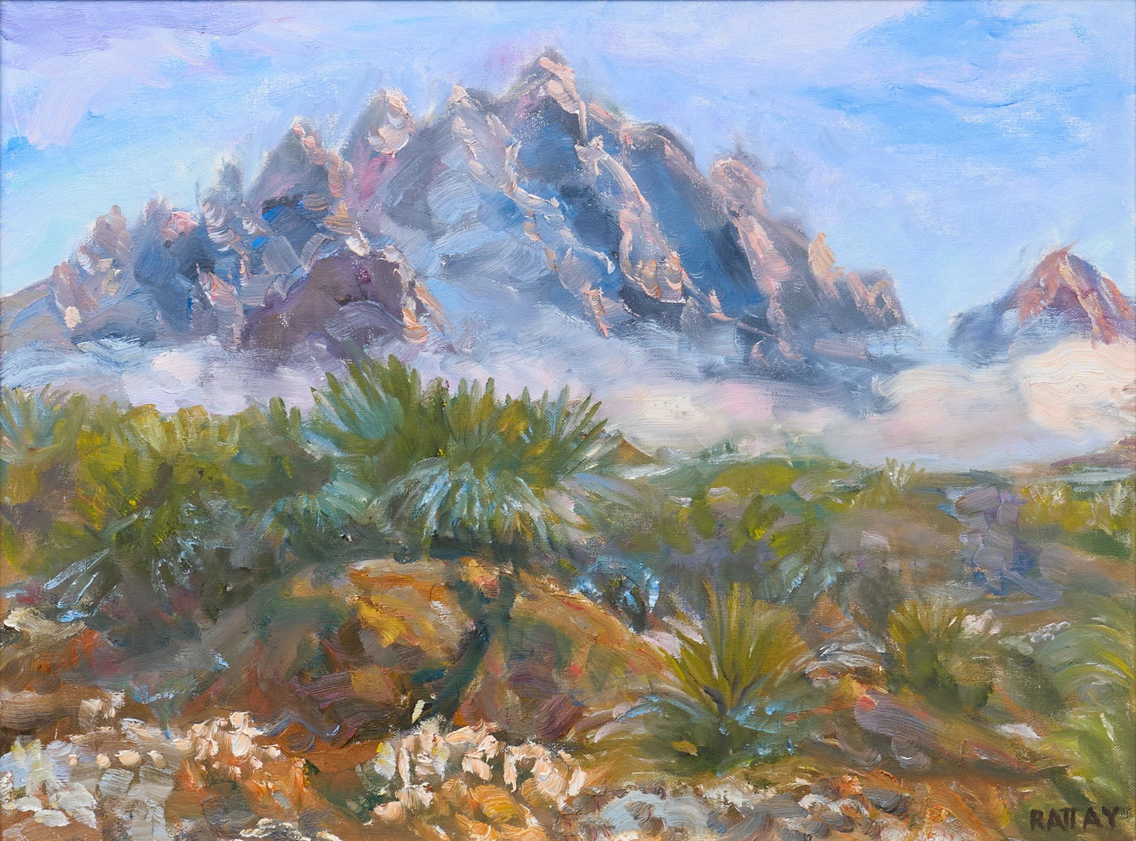 Bohuslav Rattay, "Organ Peaks in Mist": Bohuslav Rattay (Texas, 20th-21st C.), "Organ Peaks in Mist", oil on canvas, signed lower rightsight: 18 x 24 in., frame: 23.5 x 29.5 in.Provenance: Property from an El Paso,