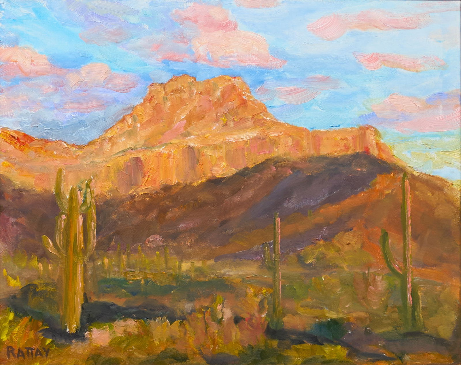 Bohuslav Rattay, "Saguaro Sentinels": Bohuslav Rattay (Texas, 20th-21st C.), "Saguaro Sentinels", oil on canvas, signed lower leftsight: 16 x 20 in., frame: 25.5 x 29.5 in.Provenance: Property from an El Paso,