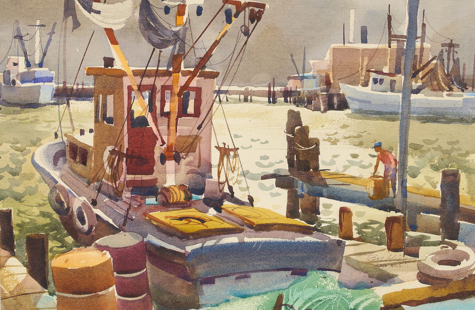 Tom Hill, Shrimpers: Tom Hill (Arizona, 1925-2021), Gulf Coast shrimper boat, watercolor on watercolor paper, signed lower rightsight: 14 x 21 in., frame: 22.5 x 29.5 in.Provenance: Property from a Rockport, Texas