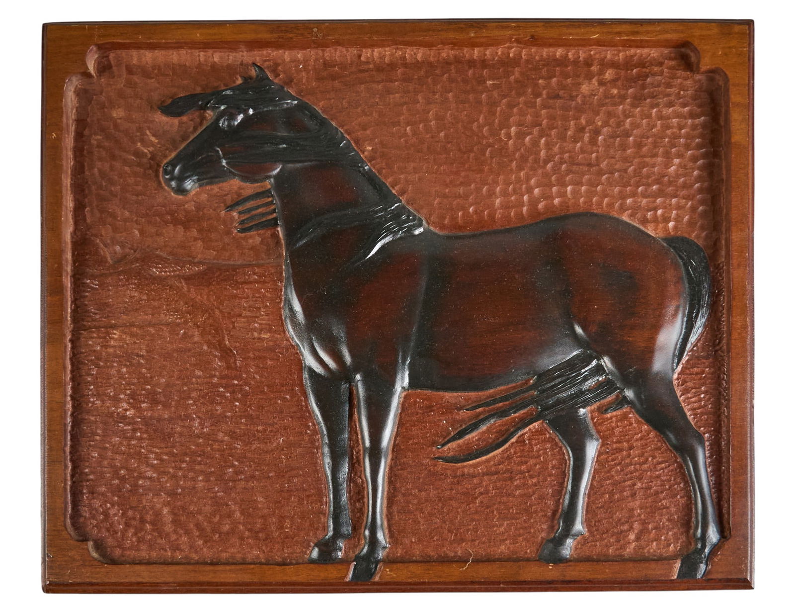 Peg Burnezky, "Wind": Peg Burnezky (Rockport, Texas, 20th-21st C.), "Wind", handcarved panel with dimensional image of a horse, inscribed on the versoheight 19 in. x width 23 in. x depth 1.5 in. (including
