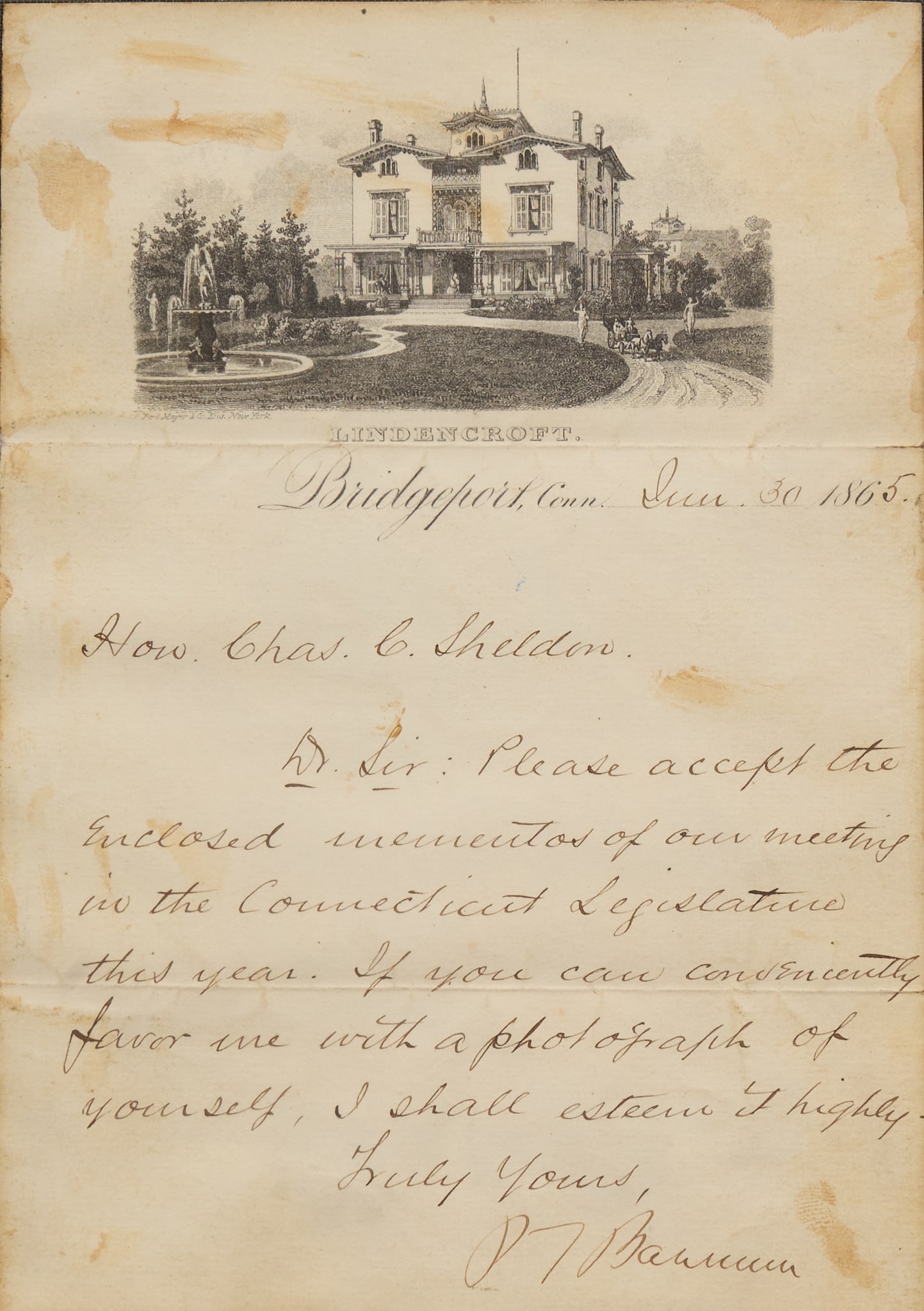 P.T. Barnum Autographed Letter, 1865: Framed letter from P.T. Barnum, dated June 30, 1865, Bridgeport, Conneticut, with illustration of Linden Croft at the top, and addressed to Chas. G. Sheldonsight: 7 x 5 in., frame: 12 x 12