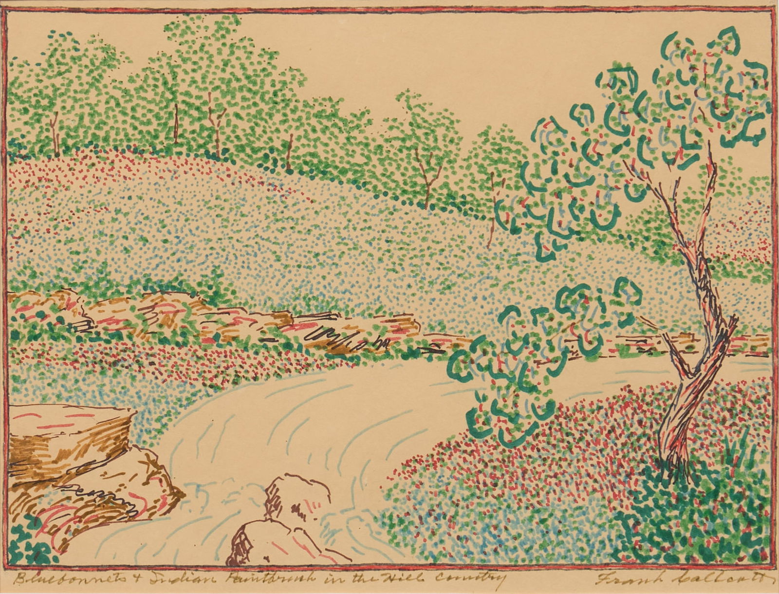 Frank Callcott, "Bluebonnets & Indian Paintbrush": Frank Callcott (New York, 1891-1979), "Bluebonnets & Indian Paintbrush in the Hill Country", felt tip marker on paper, captioned in margin, signed lower rightsight: 8 x 11 in., frame: