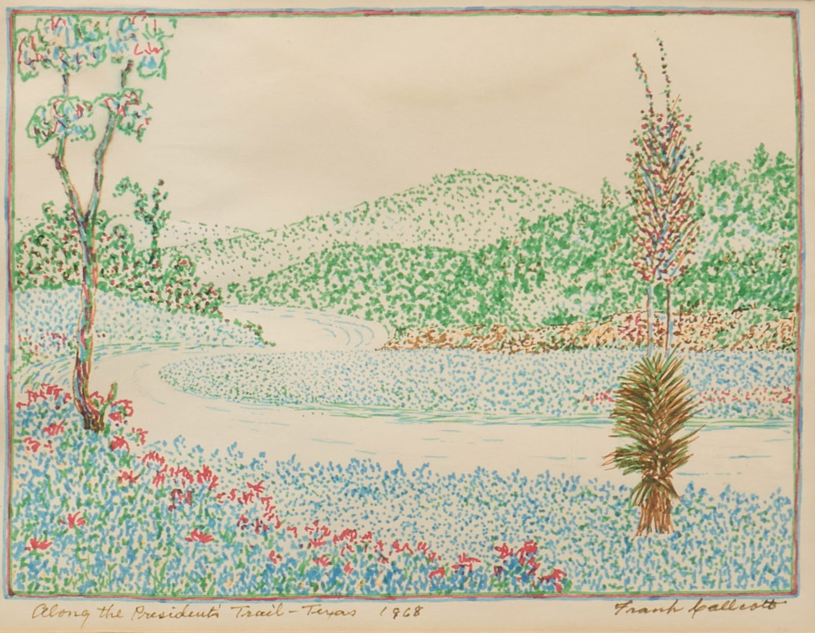 Frank Callcott, "Along the President's Trail - Texas, 1968": Frank Callcott (New York, 1891-1979), "Along the President's Trail - Texas, 1968", felt tip marker on papersight: 8 x 11 in., frame: 15.5 x 17.5 in.Provenance: Property from a