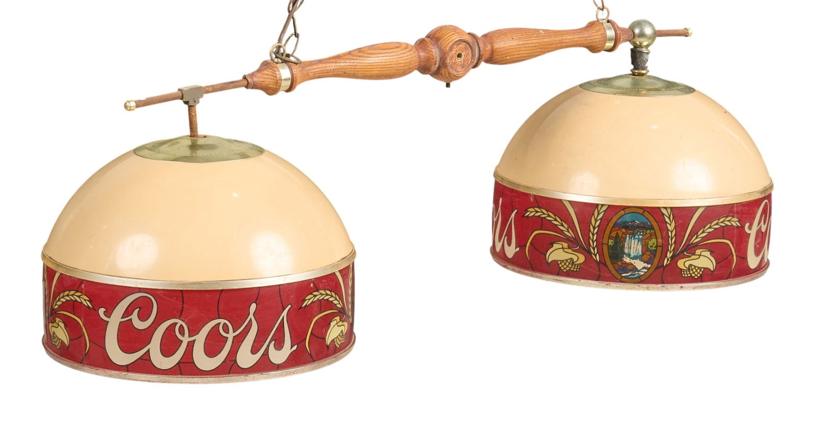Coors Beer Stained Glass Hanging Lamp, 1980s: Coors Beer hanging lamp with two plastic faux stained glass shades, with Coors logo and wheat design, supported by a wooden and metal frame, with chain for hanging, in working condition, circa