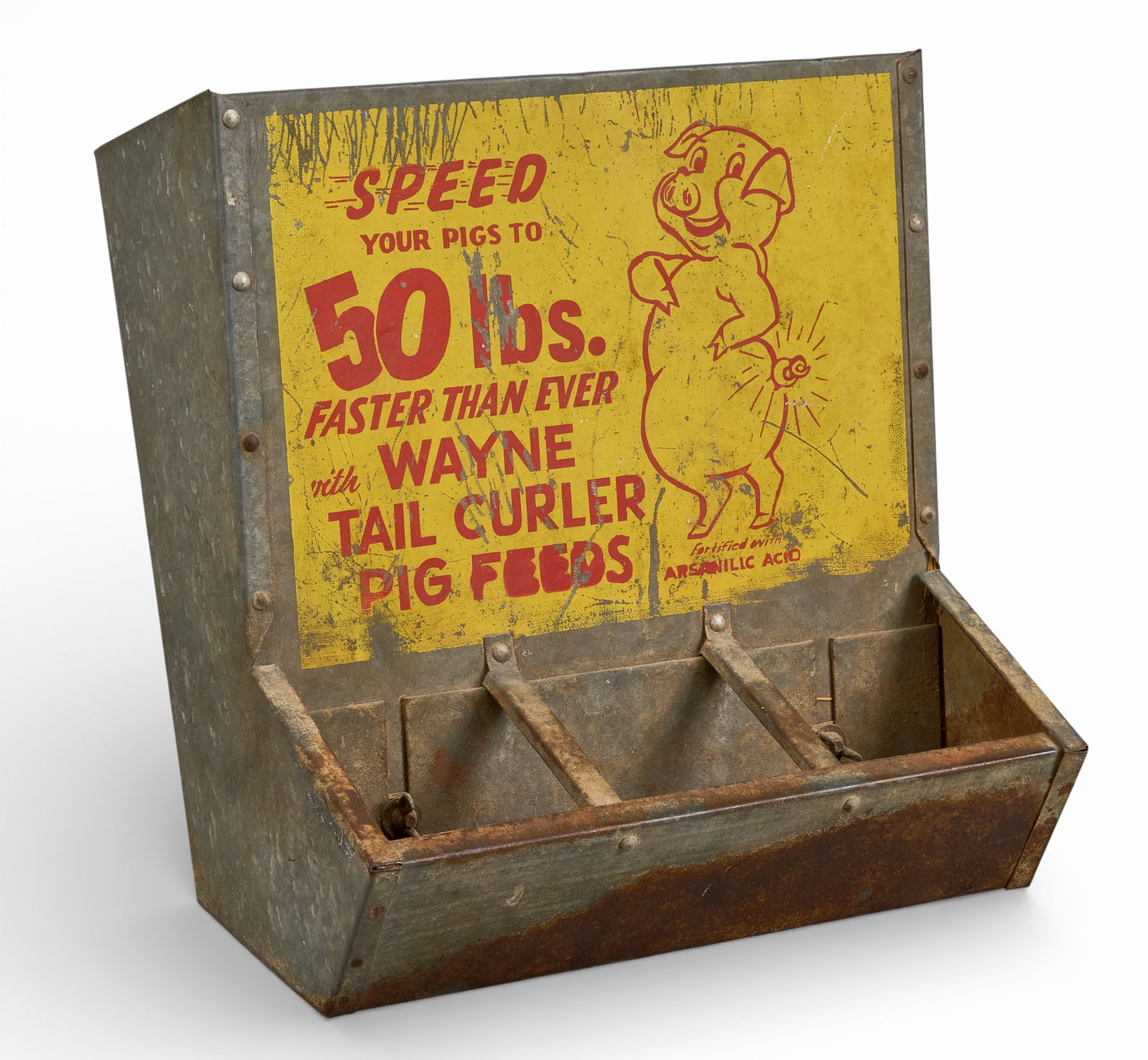 Vintage Metal Pig Feeder: Vintage Wayne Tail Curler Pig Feeds galvinized tin pig feeder with yellow and red message with pig graphicheight 13.5 in. x width 14.5 in. x depth 11.5 in. Provenance: Property from a home in