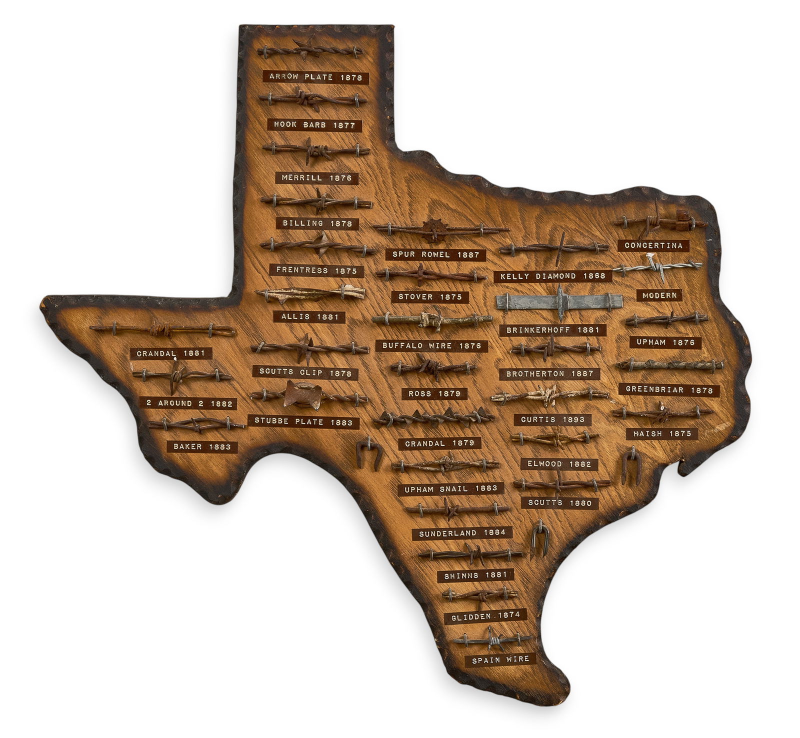 Texas Barbed Wire Display: Collection of various labeled barbed wire pattern examples mounted to wooden display in shape of Texasheight 21 in. x width 22.5 in. x depth .5 in.Provenance: Property from a home in San Antonio,