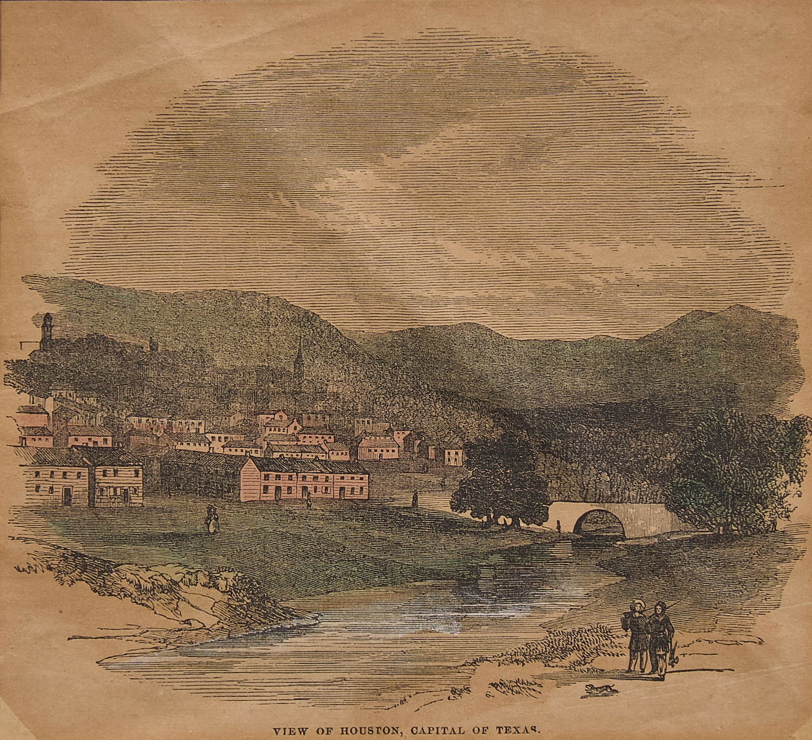 "Houston, The Capital of Texas" 1852 Engraving: Published in Gleason's Pictorial Drawing-Room Companion, 1852, hand-watercolored engraving captioned "Houston, the Capital of Texas"; historically interesting since the scene does not