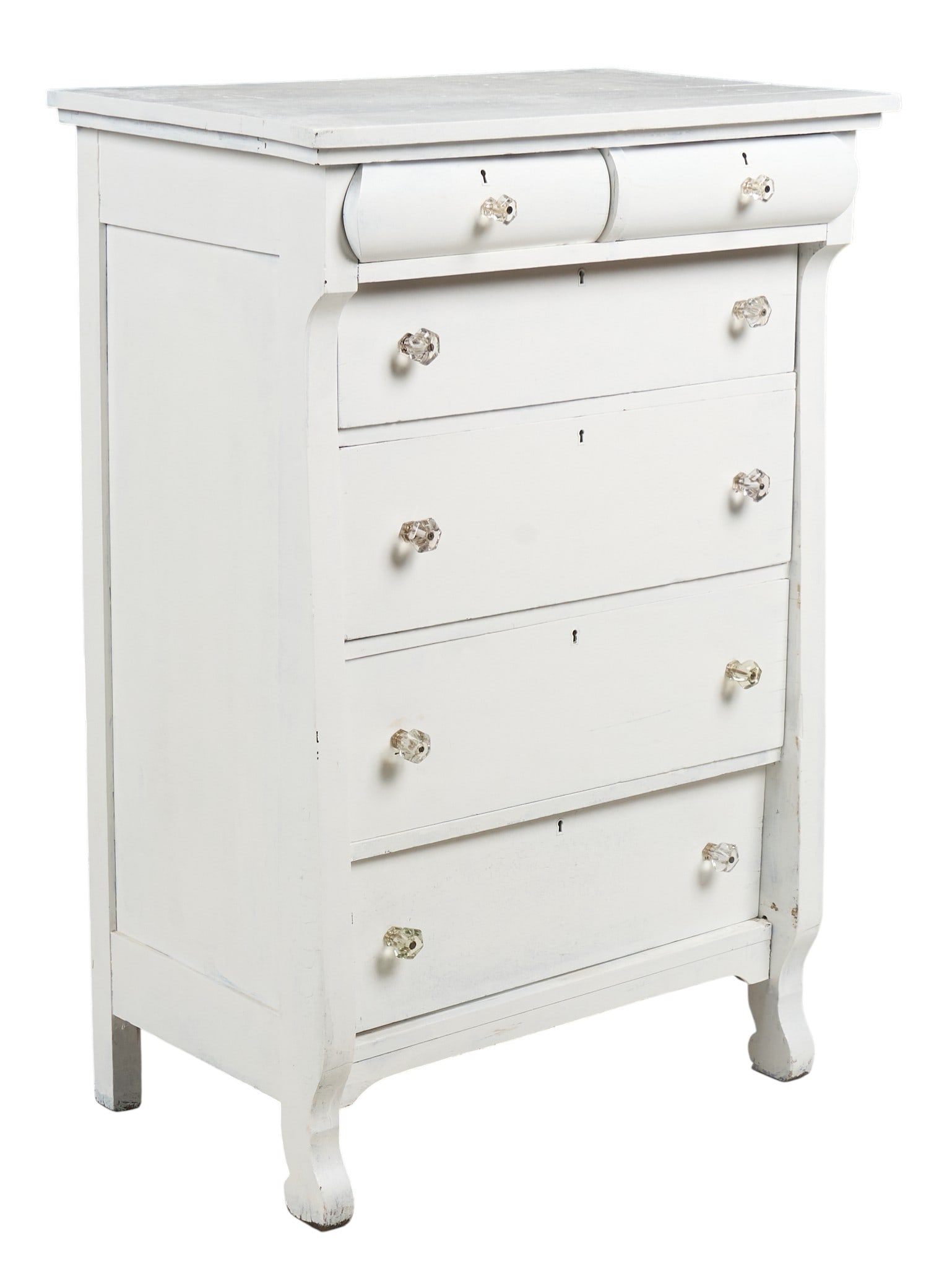 Vintage Dresser: Vintage dresser with six drawers with glass knobs, with white wash finish supported on block legsheight 47 in. x width 32 in. x depth 20 in. Provenance: Property from home in San Antonio, Texas