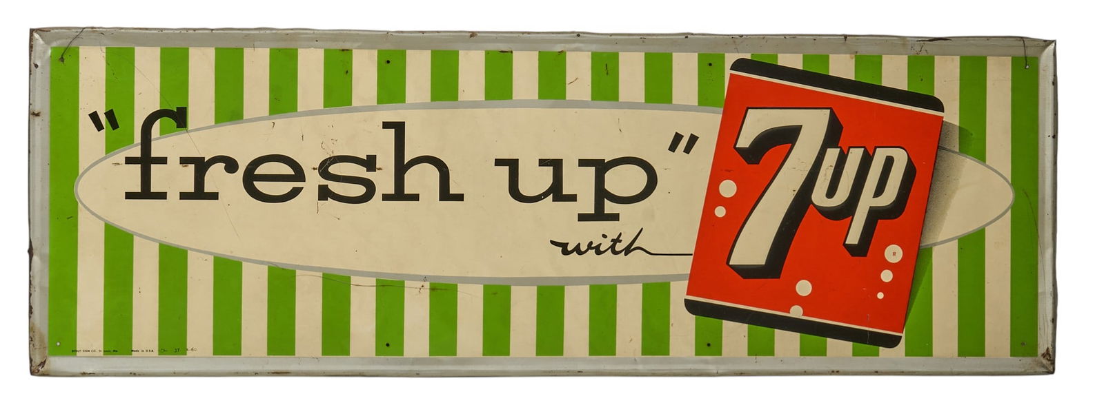 Vintage Fresh Up 7UP Metal sign: Vintage single-sided metal advertisment sign for 7UP with "Fresh Up" message, dated April 1960height 15 in. x width 45 in. Provenance: Property from a New Braunfels, Texas collector of