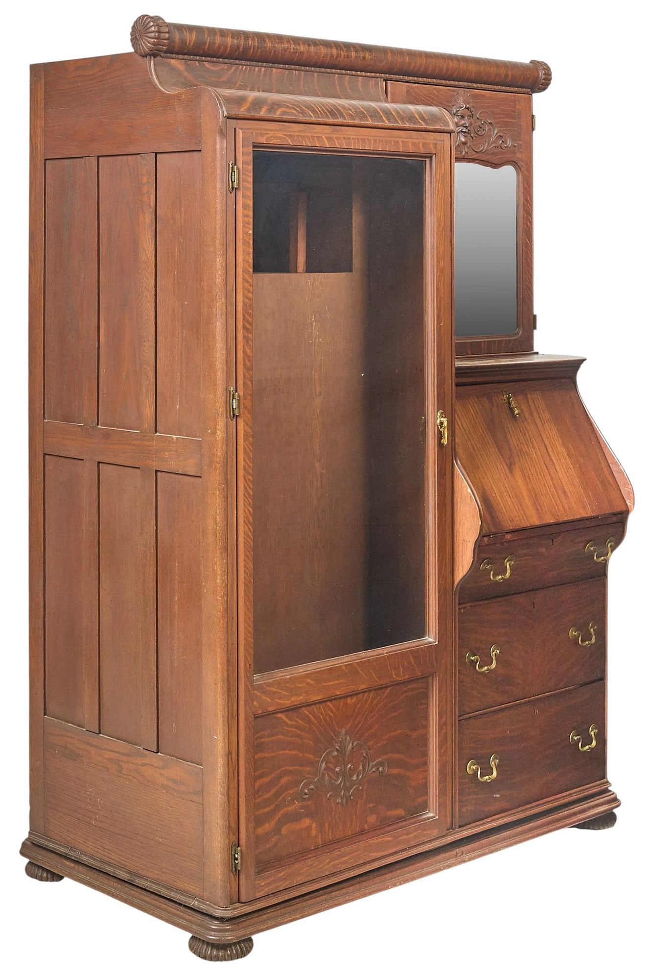 Antique Side-by-Side Secretary Wardrobe: Antique oak side-by-side cabinet with mirror, secretary desk with fitted storage, cabinet door, and three drawers on the right and a wardrobe with glass door on the left height 79 in. x width 54 in. x