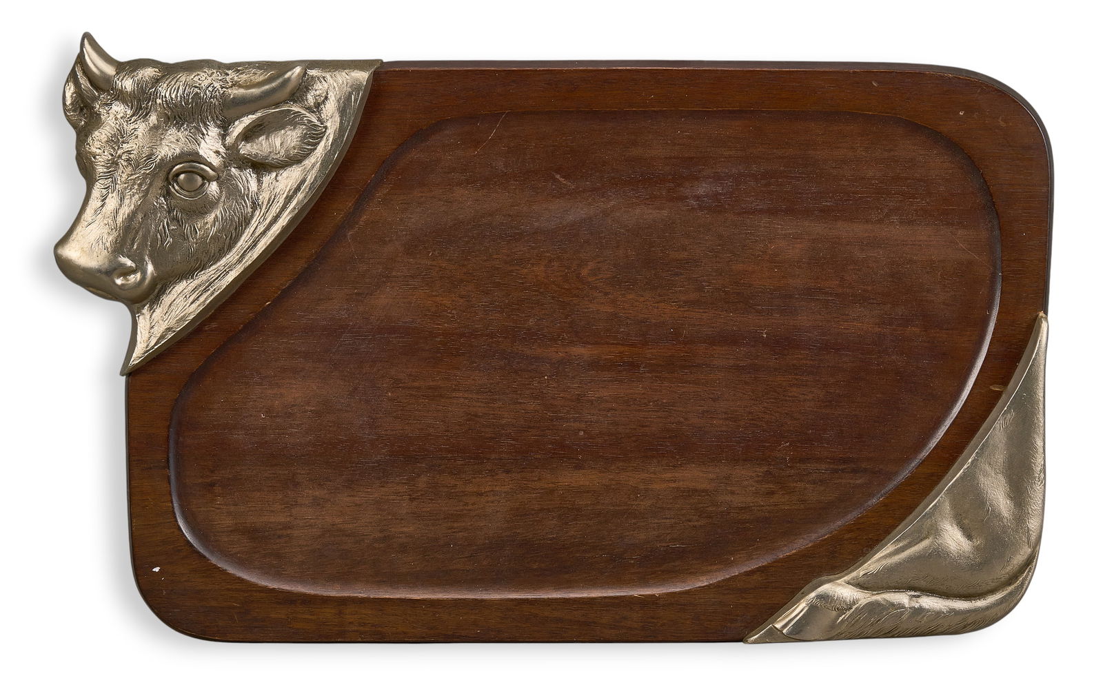 Ranch Style Serving Tray: Vintage Ranch style wooden serving tray with pewter steer head and rear motifs on corners, marked on back "International Creations, 1968"height 15 in. x width 24.5 in. x depth 3