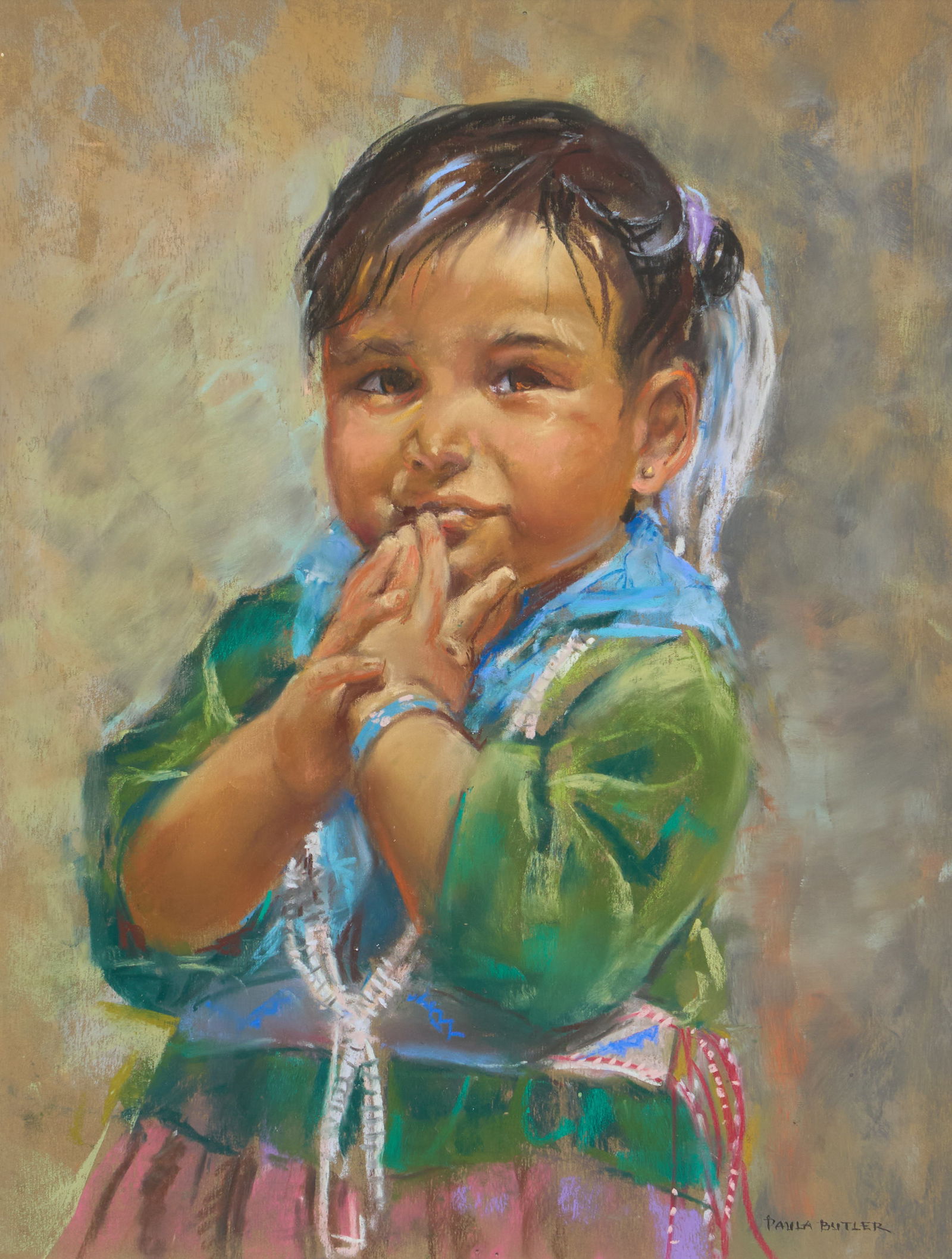 Paula Butler, Portrait of a Young Girl: Paula Butler (Amer., 20th-21st C.), portrait of a young Native American girl, pastel on paper, signed lower rightsight: 15 x 11 in., frame: 22.5 x 19 in.Provenance: Property from the estate