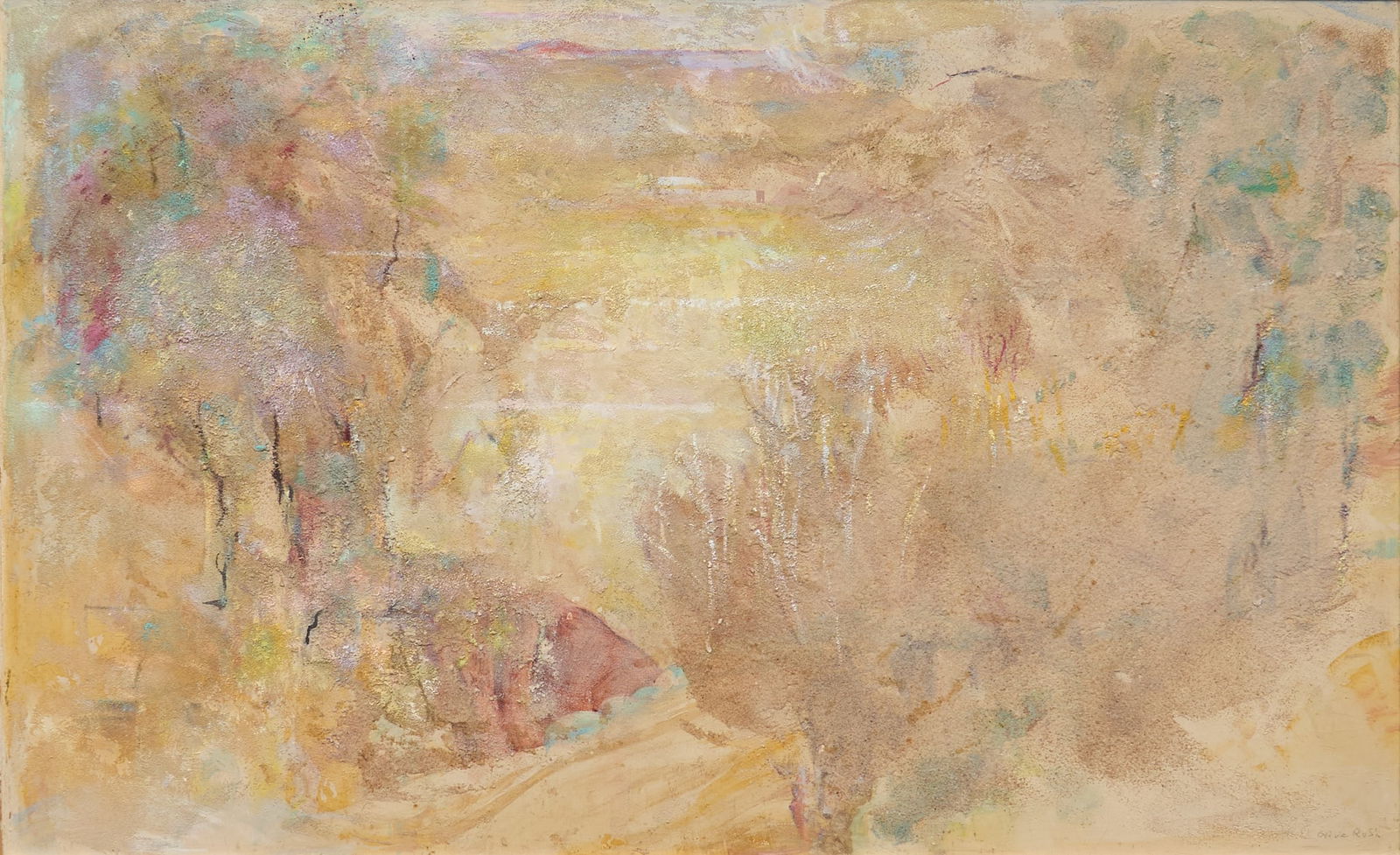 Olive Rush, "New Mexico in Retrospect": Olive Rush (New Mexico, 1873-1966), "New Mexico in Retrospect", oil on plaster, signed lower right, inscribed on the verso by the artist, with her address on Canyon Road in Santa Fe,