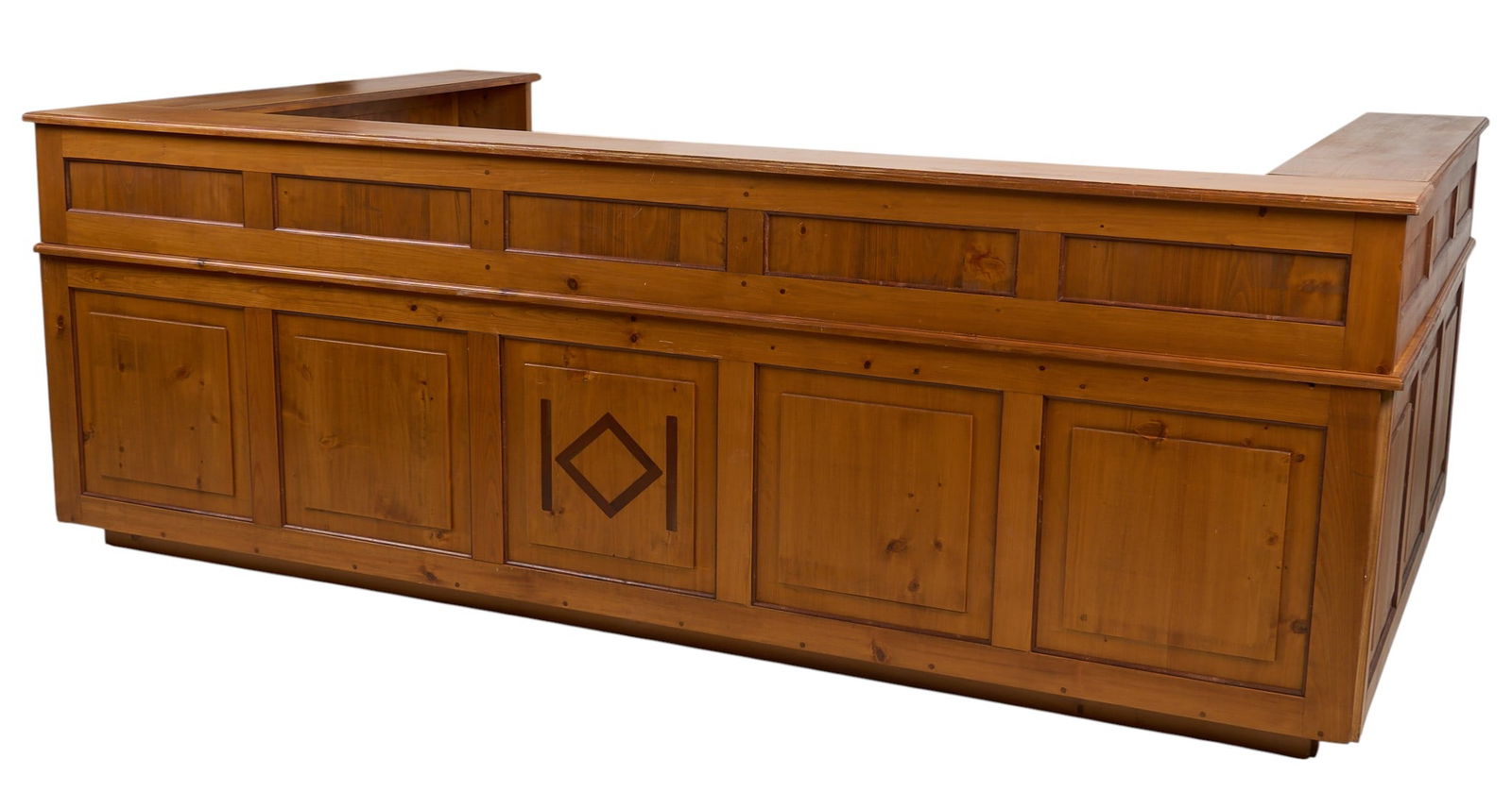 Large Custom U-Shaped Desk: Large custom-built U-shaped desk with numerous drawers with wrought iron pulls, constructed in three sectionsheight 42 in. x width 119 in. x depth 72 in. Provenance: Estate of a prominent San