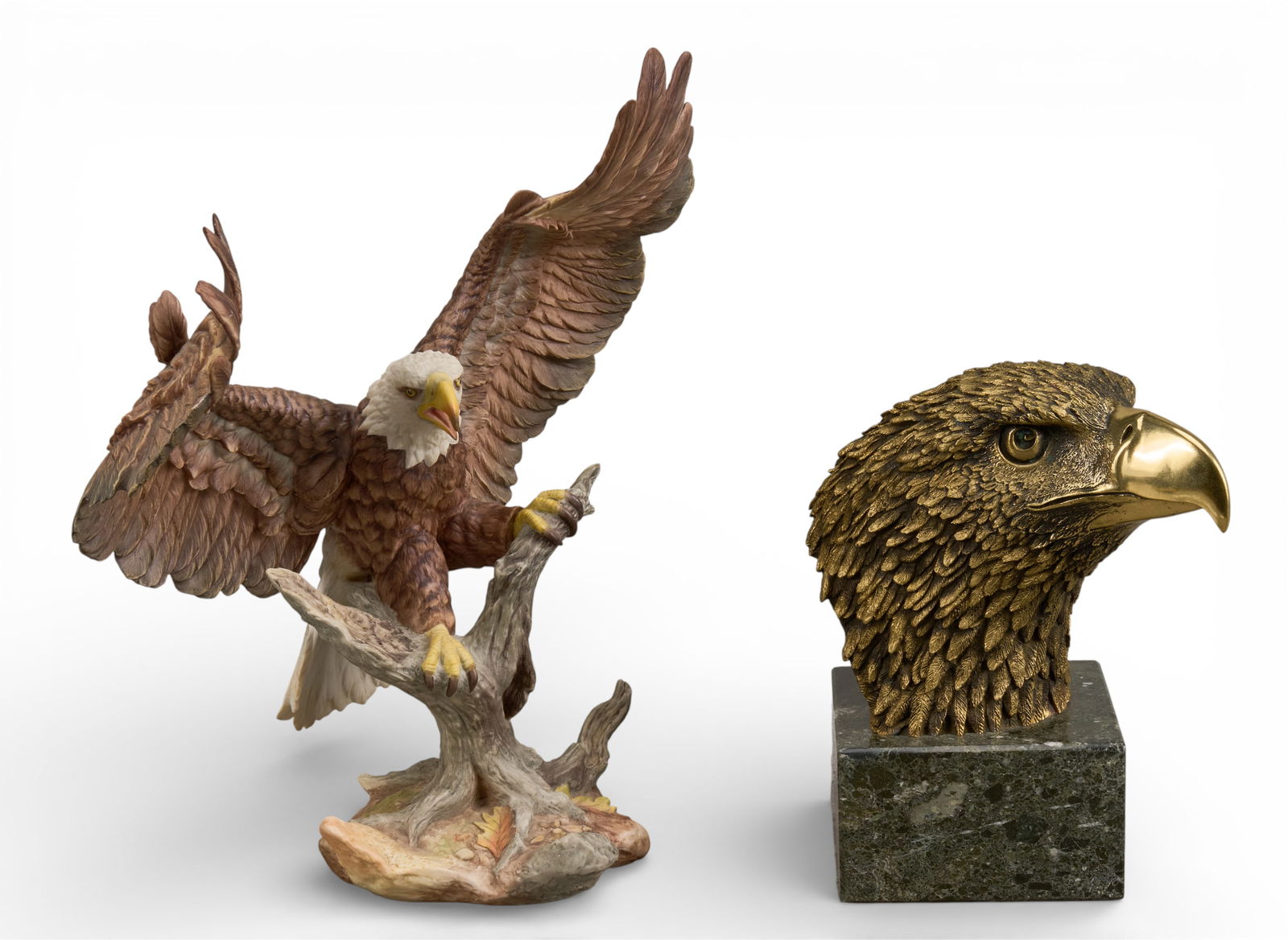 Boehm Porcelain Eagle & Spellerberg Bronze Eagle Head Sculptures: Set of two eagle sculptures, includes a porcelain sculpture by Boehm, signed and numbered 155/1989, and a bronze eagle head sculpture titled "Pride" by David L. Spellerberg, numbered