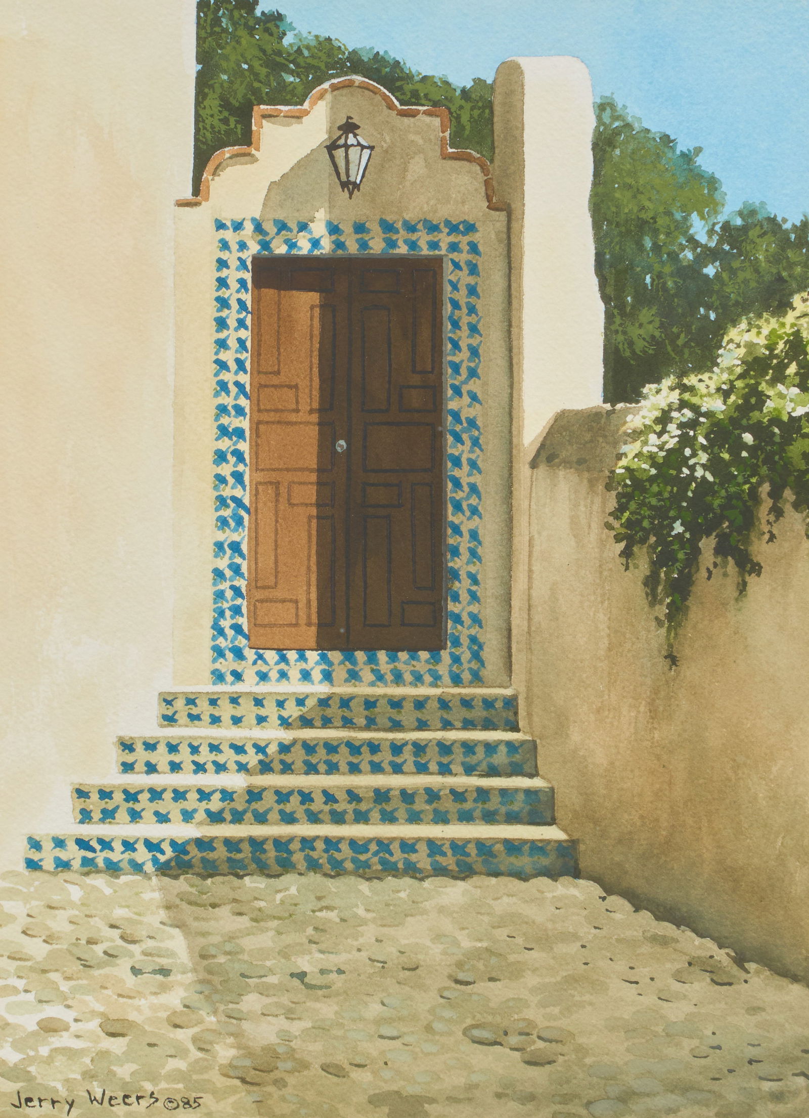 Jerry Weers, "Early Morning", 1985: Jerry Weers (Amer., b. 1953), "Early Morning", watercolor on watercolor paper, signed and dated lower left (1985), with Alamo Kiwanis Club Western Art Show label on the versosight: