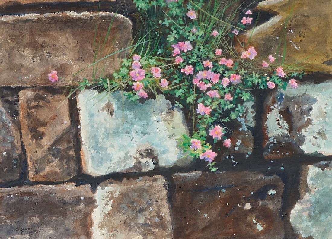 Ivan McDougal, "An Irish Wall": Ivan Ellis McDougal (Texas, 1927-2005), "An Irish Wall", watercolor on watercolor paper, signed lower left, titled on the verso sight: 22 x 30 in., frame: 29.5 x 37.5 in. Provenanc