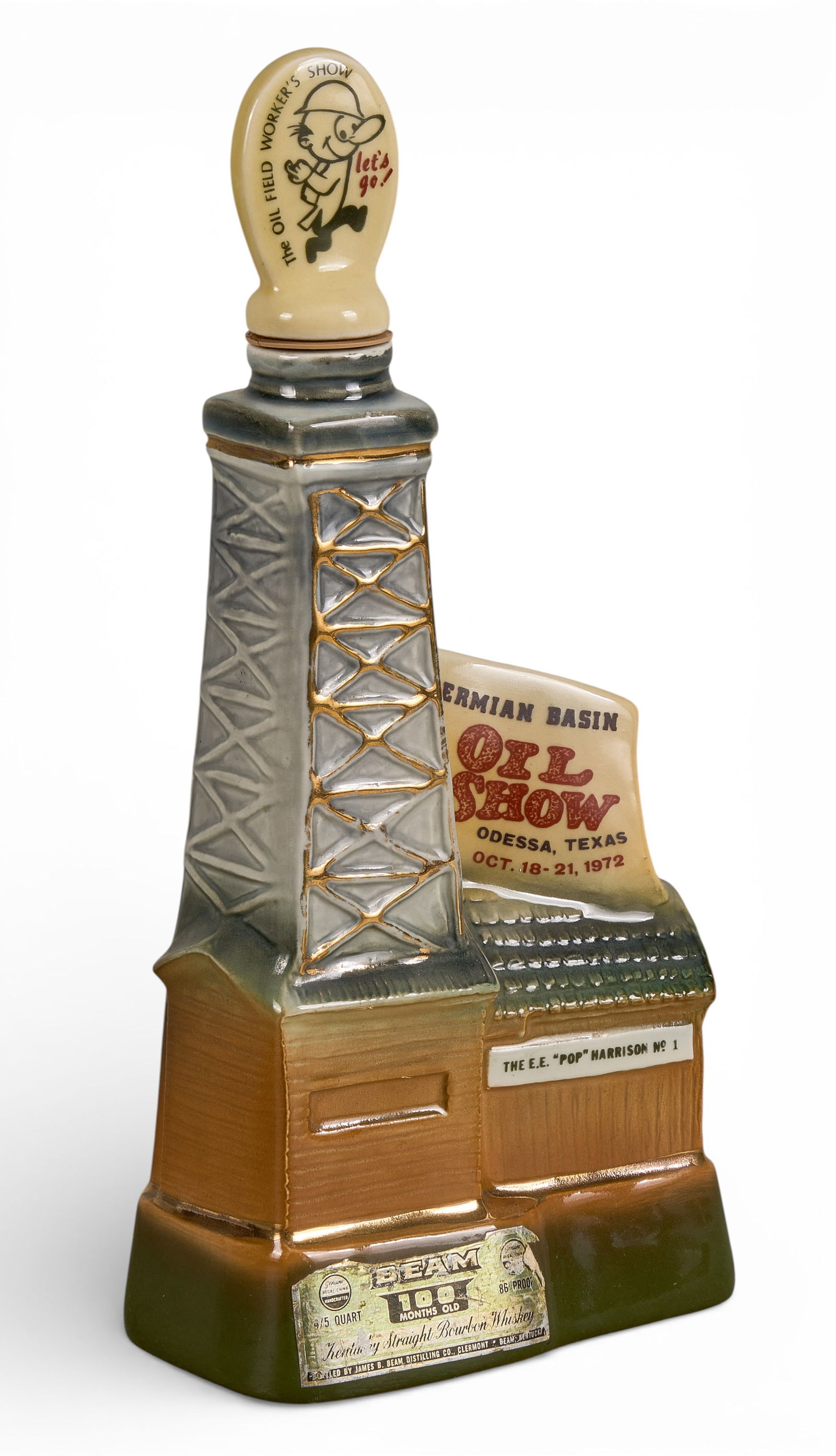 Permian Basin Oil Show 1972 Commemorative Decanter: Commemorative decanter for the Permian Basin Oil Show, in Odessa, Texas, October 18-21, 1972, depicting oil derrick motif, manufactured by Regal China Co.height 13 in. x width 6 in. x depth 3.25