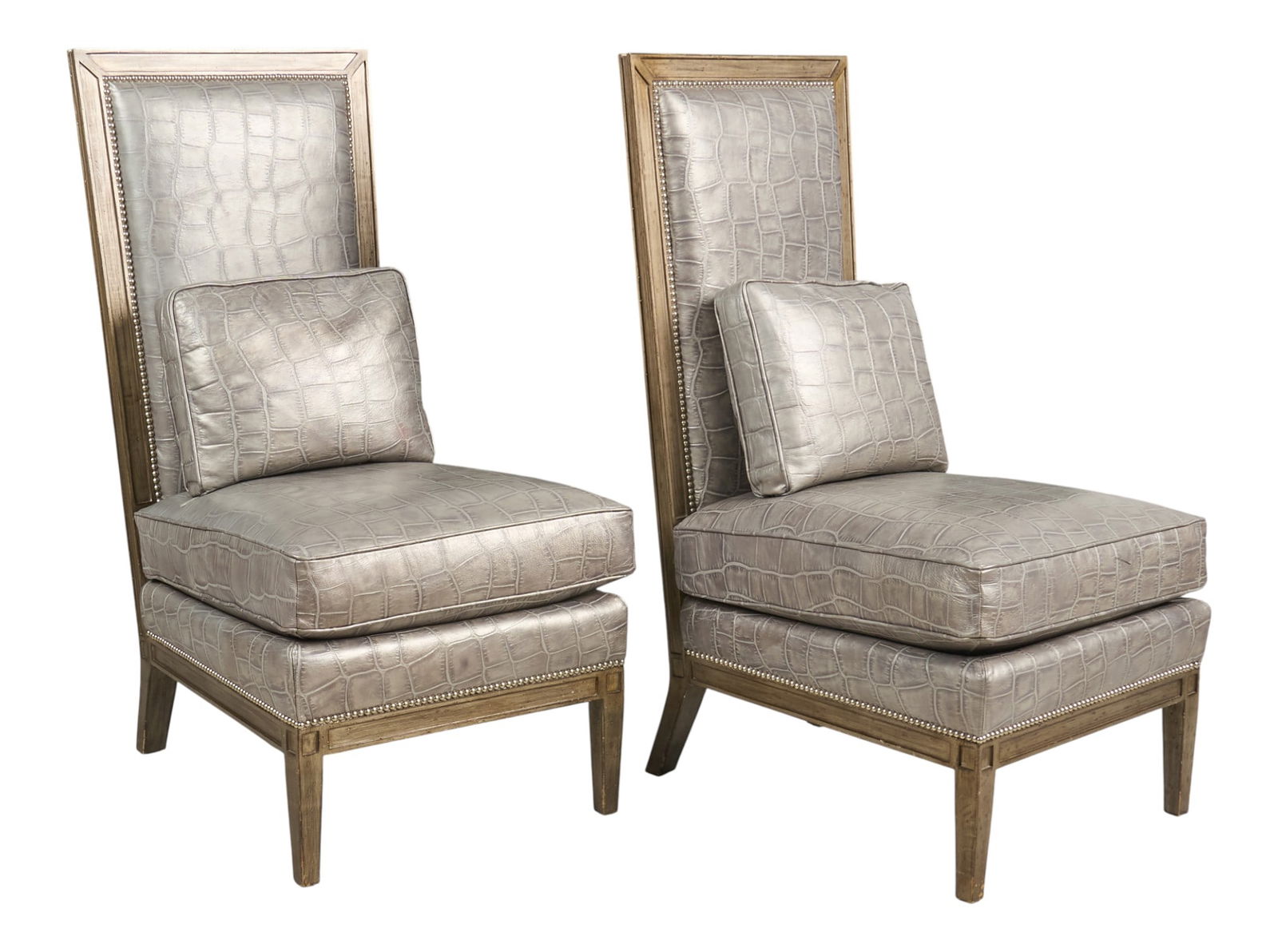 (2) Taylor King Croc Print Leather Chairs: Pair of Taylor King chairs with silver crocodile print leather, supported on block legsheight 50 in. x width 26 in. x depth 33 in. / each Provenance: Property from a home in San Antonio, Texas