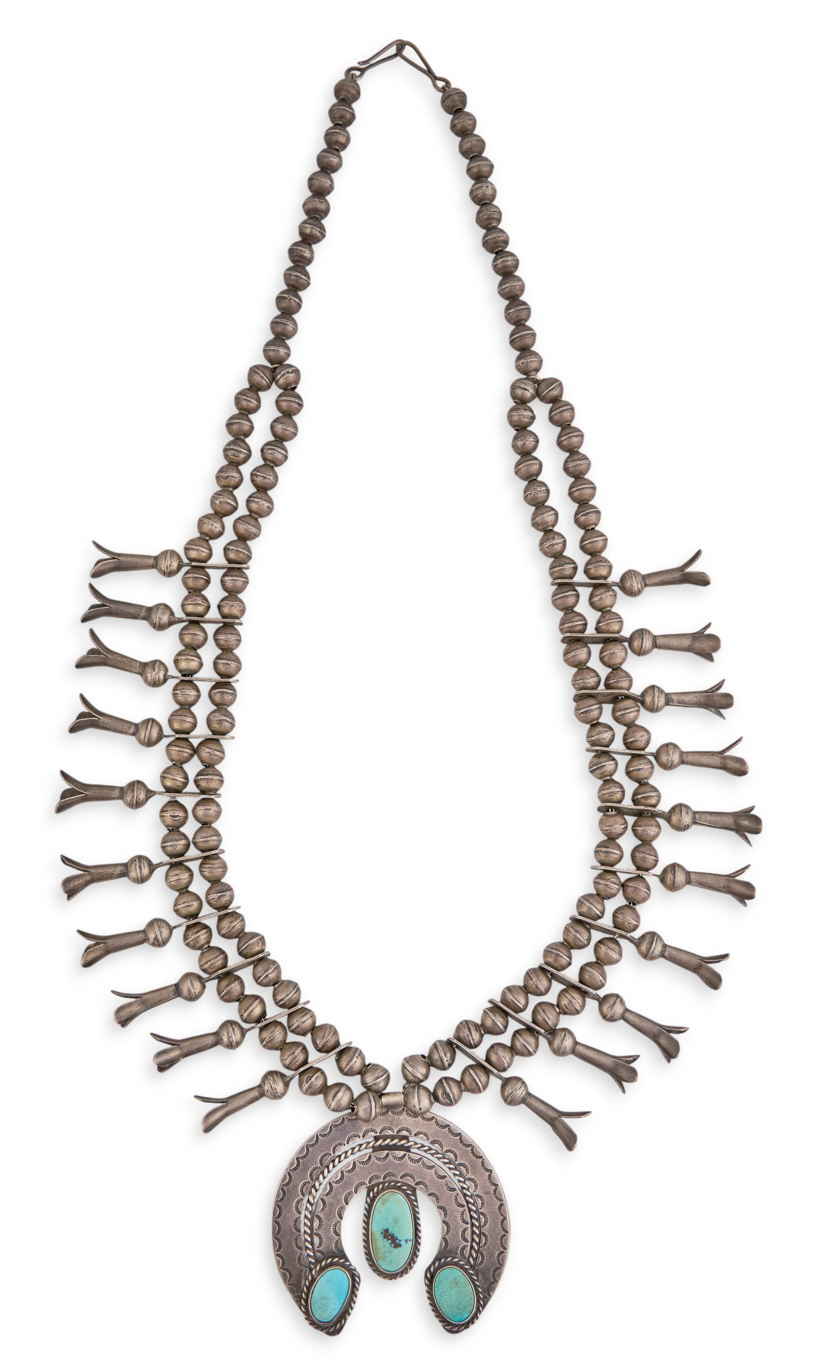 Vintage Sterling & Turquoise Squash Blossom: Vintage sterling silver squash blossom necklace, with three oval turquoise cabochons and hand-stamped details to naja, featuring twisted rope motifs and hook and eye closureLength: 27 in.