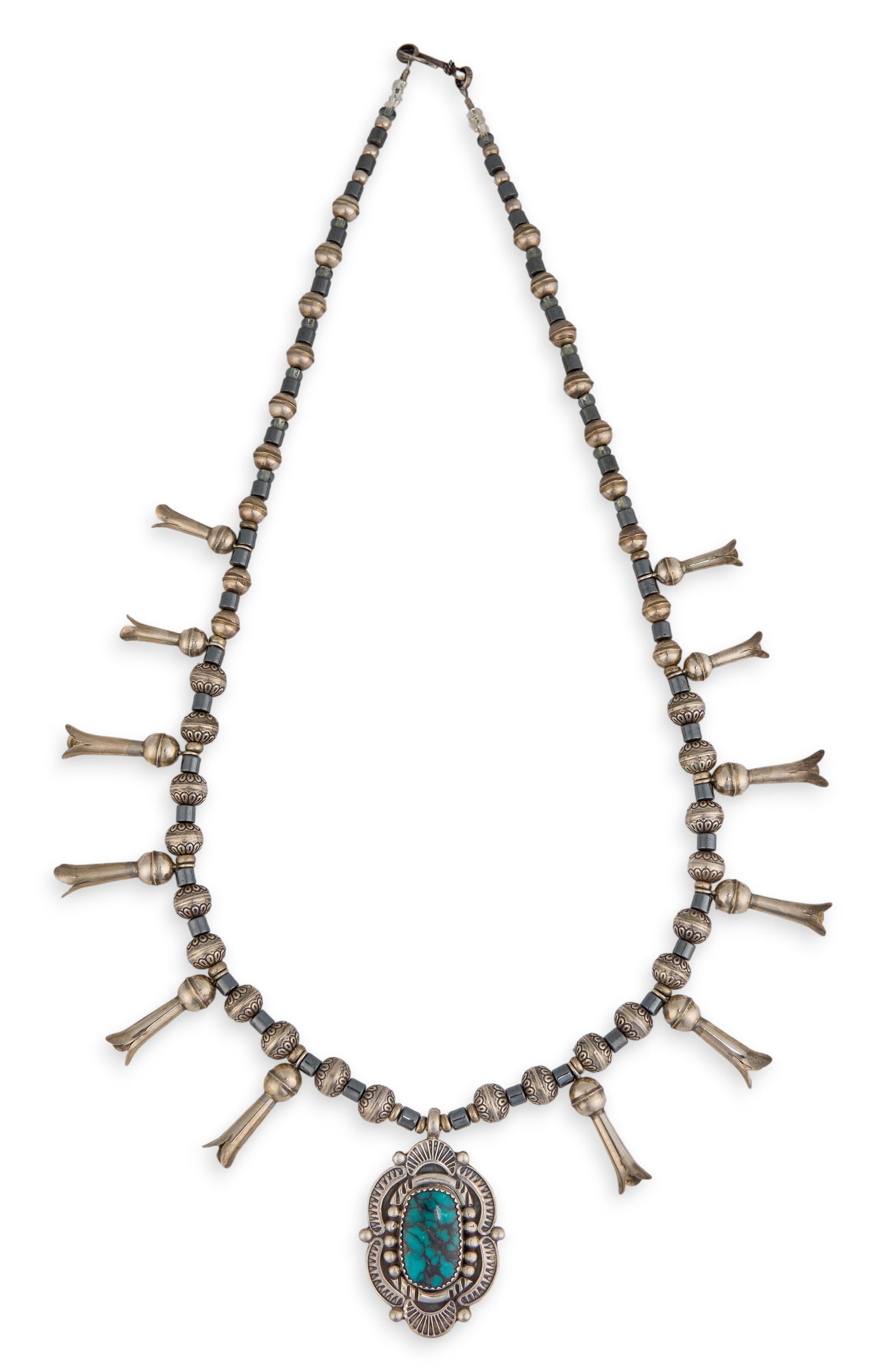 Sterling & Turquoise Squash Blossom Necklace: Single-strand sterling silver squash blossom necklace, with pendant featuring inlaid turquoise, pendant marked "RB" and "Sterling" Length: 22 in.Total weight: 1.62 ozt Provenance:&