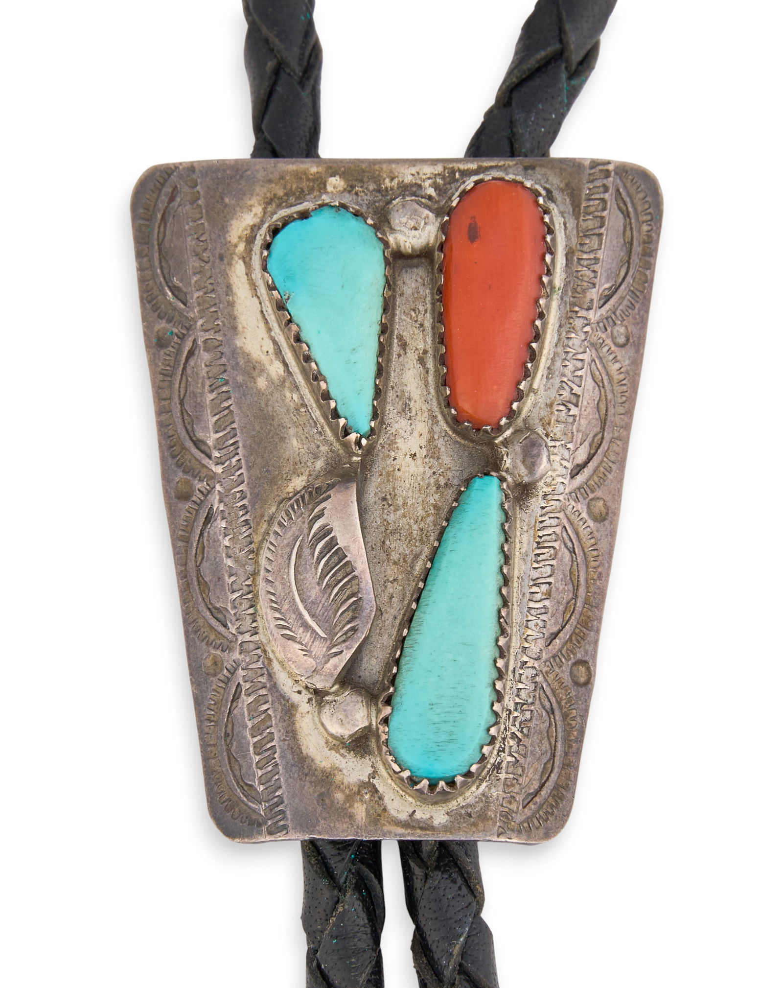 Sterling Turquoise & Coral Bolo Tie: Sterling silver bolo tie, set with turquoise and coral stones, featuring feather motif, on braided black leather cord Length: 36 in.Total weight: 0.81 ozt Provenance: Property from a home in San Anton