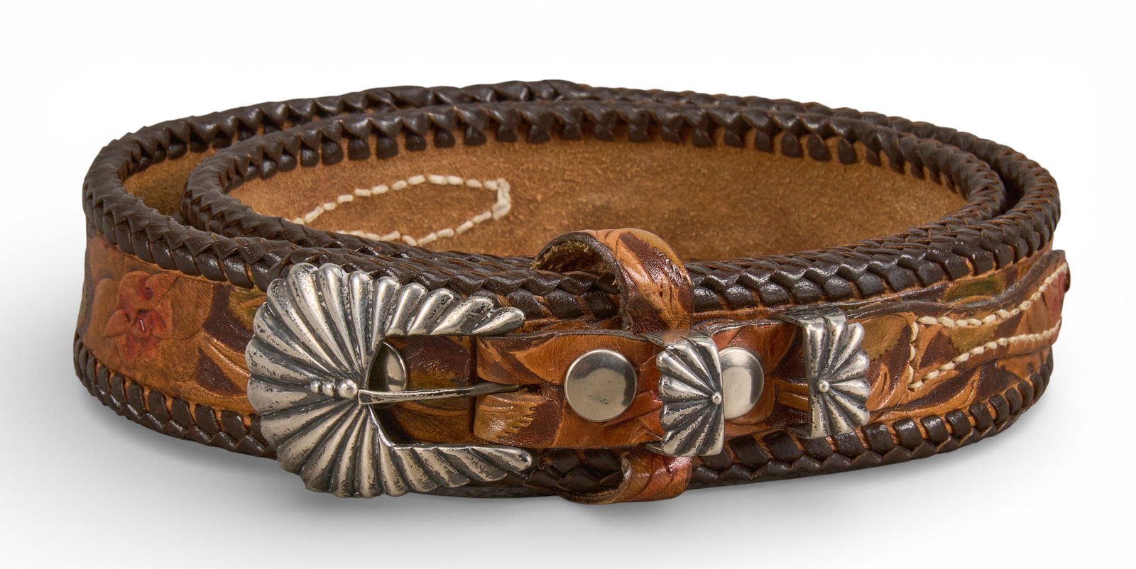 David Dear, Tooled Leather Belt with Sterling Buckle (1 of 9)