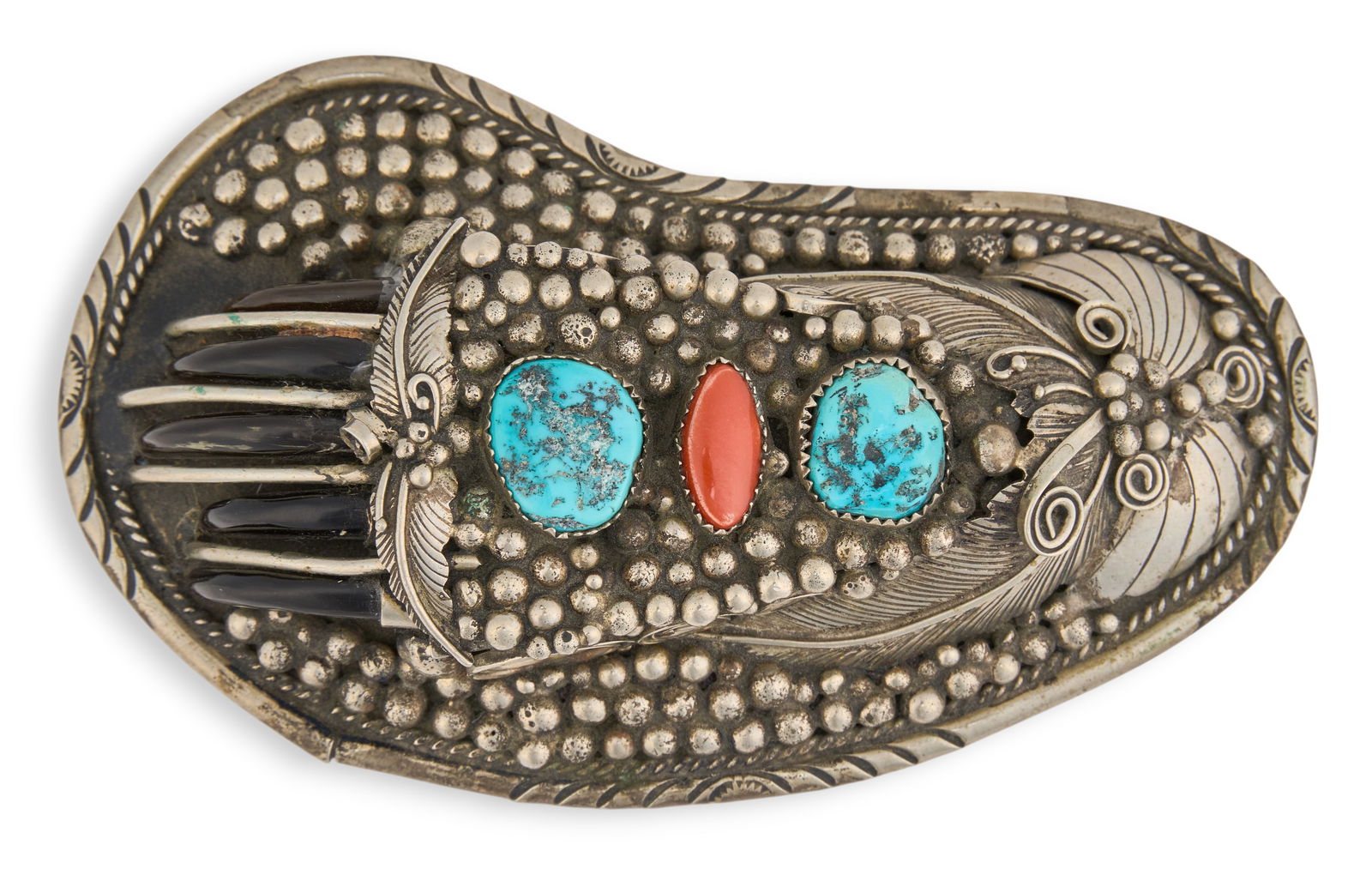 Sterling Silver Turquoise & Coral Claw Buckle: Sterling silver belt buckle, set with bear claws, and turquoise stones flanking single coral cabochon, featuring twisted rope and feather motifs, marked by makerSize: 4.5 in. x 2.5 in. Total weight: