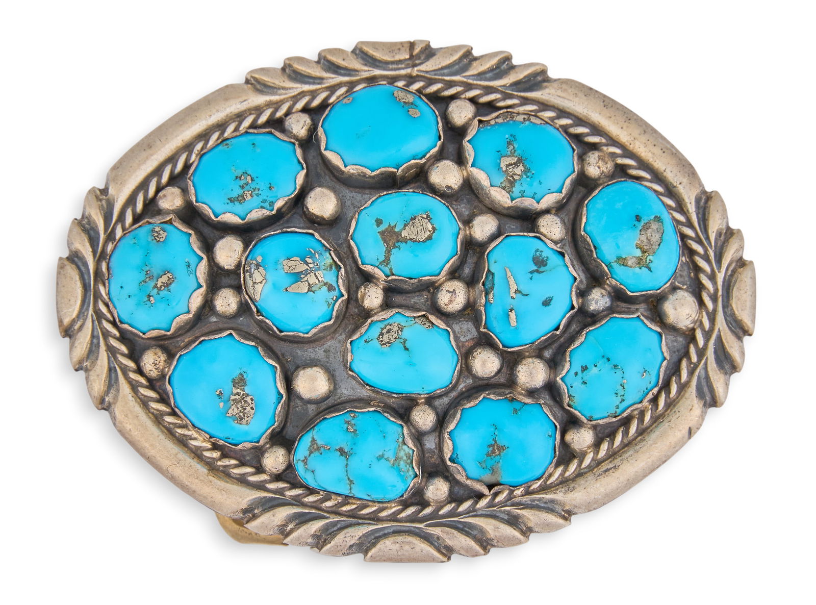 Sterling & Turquoise Cluster Buckle: Small sterling silver buckle, set with turquoise stones in cluster design, marked "YD Sterling" Size: 2.25 in. x 1.5 in.Total weight: 0.81 ozt