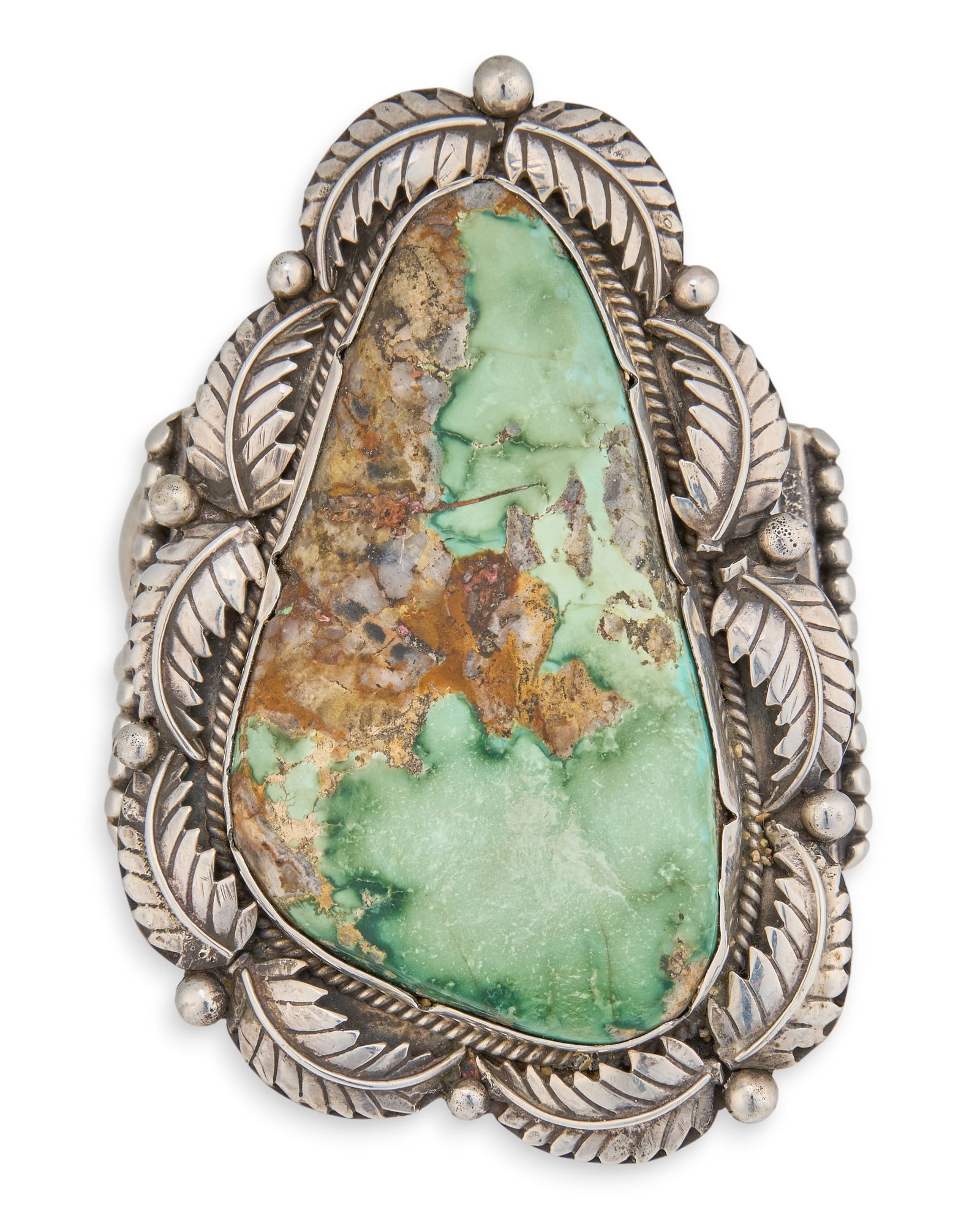 Substantial Navajo Sterling & Turquoise Cuff: Navajo sterling silver cuff bracelet set with large turquoise stone, flanked by twisted rope and feather motifs, marked "Sterling"Circumference: 7 in. Total weight: 4.825