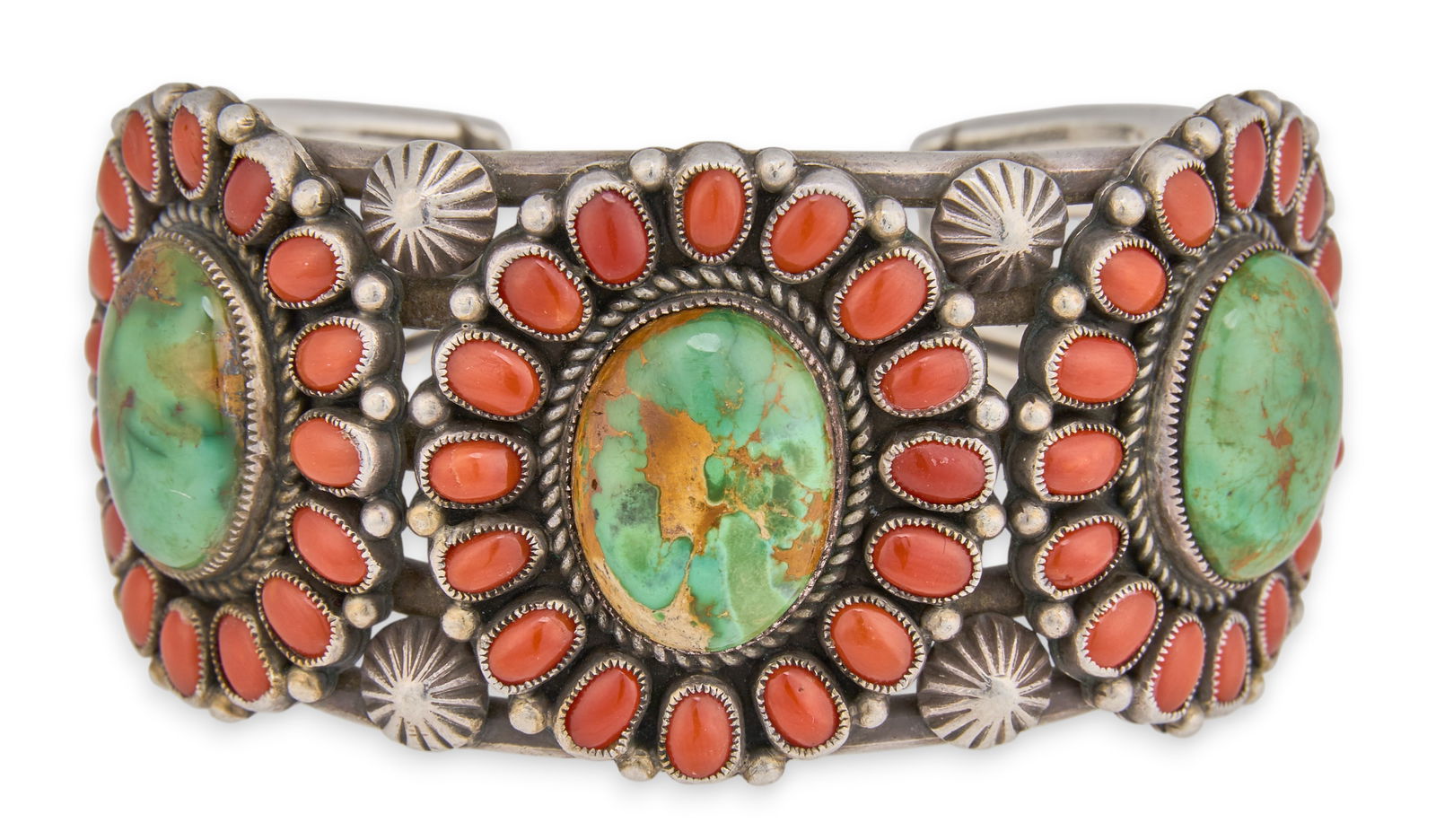 Calvin Martinez, Sterling Silver Turquoise & Coral Cuff (1 of 5)